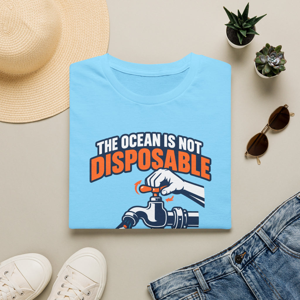Ocean Conservation T-Shirt — "The Ocean Is Not Disposable" Plastic Tap Graphic