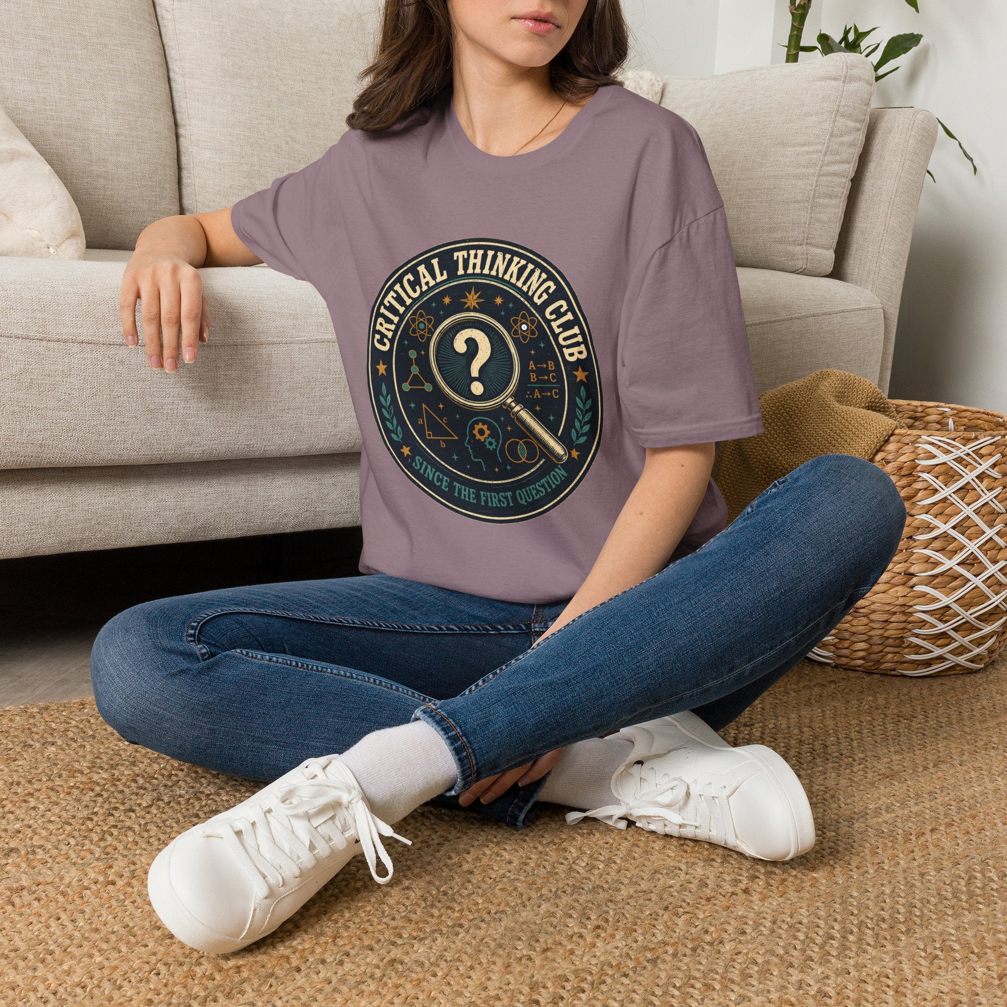 Critical Thinking Club T-Shirt – Vintage Magnifying Glass Design (Since The First Question)