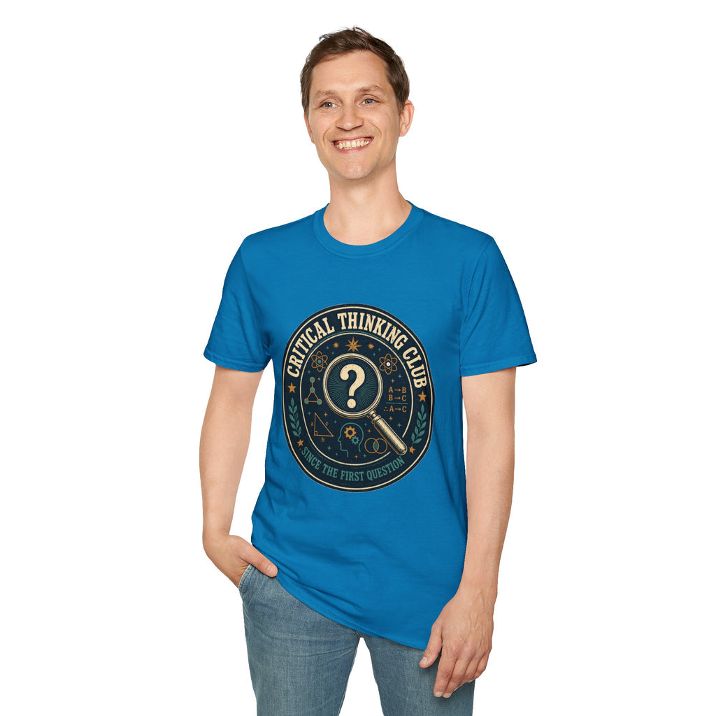 Critical Thinking Club T-Shirt – Vintage Magnifying Glass Design (Since The First Question)