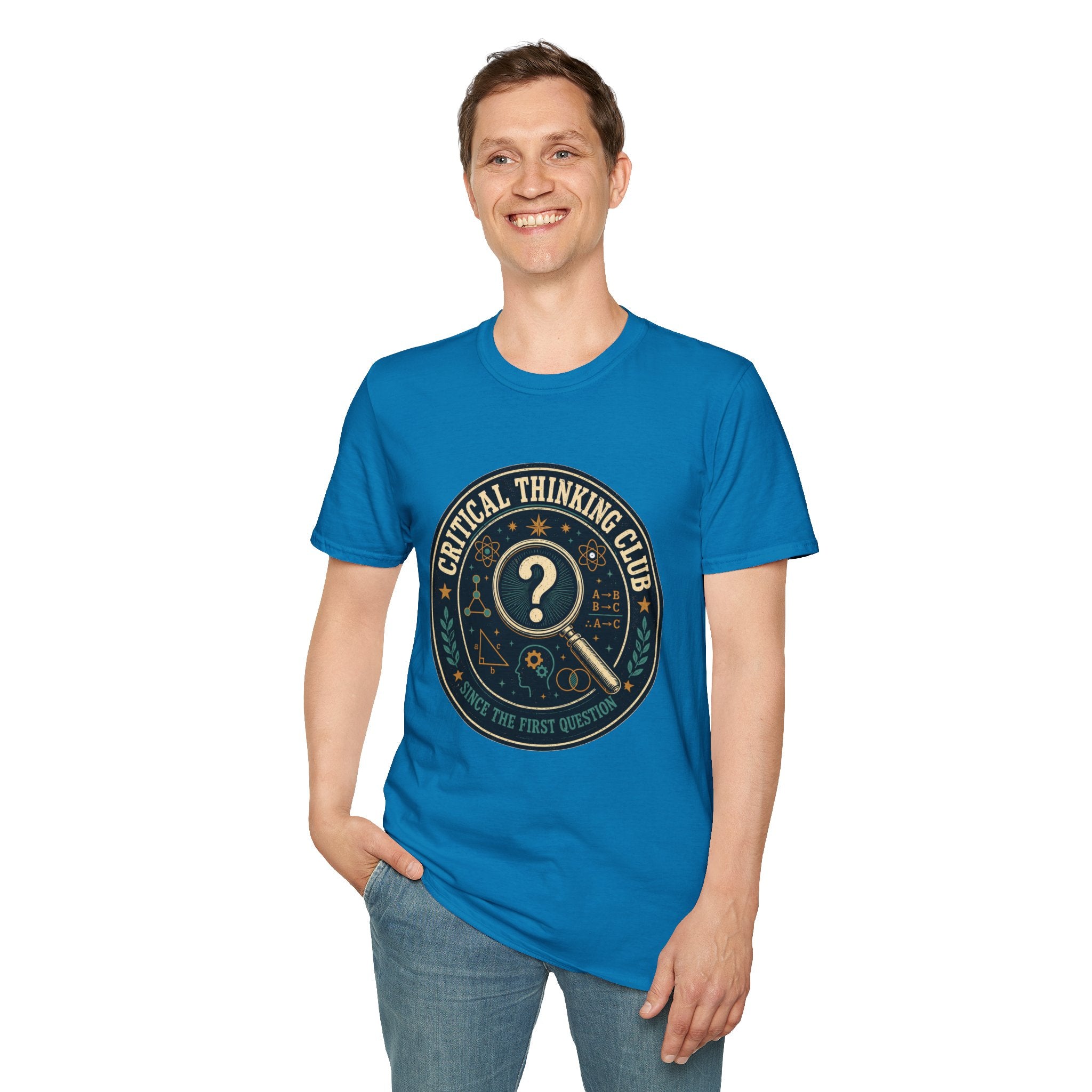 Critical Thinking Club T-Shirt – Vintage Magnifying Glass Design (Since The First Question)