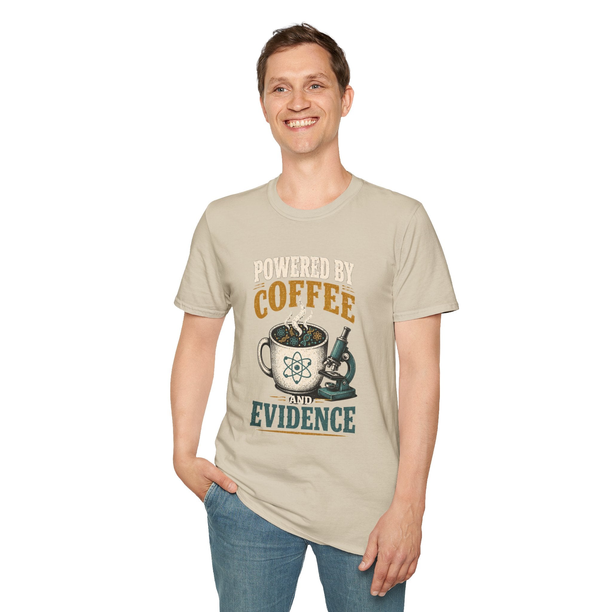 Coffee T-Shirt — "Powered by Coffee & Evidence" Retro Science Mug Design