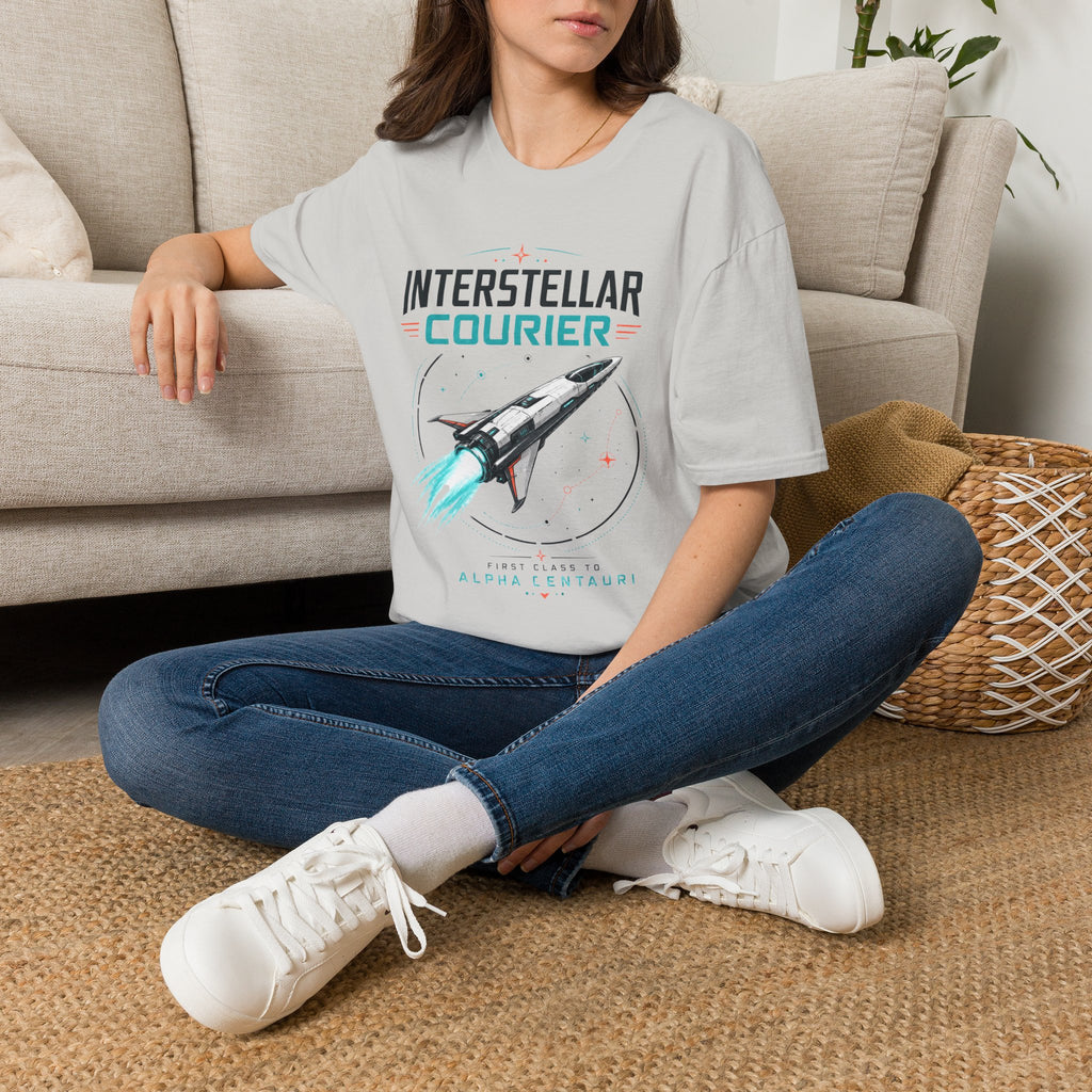 Interstellar Courier T‑Shirt — Retro Space Rocket Tee for Sci‑Fi Fans