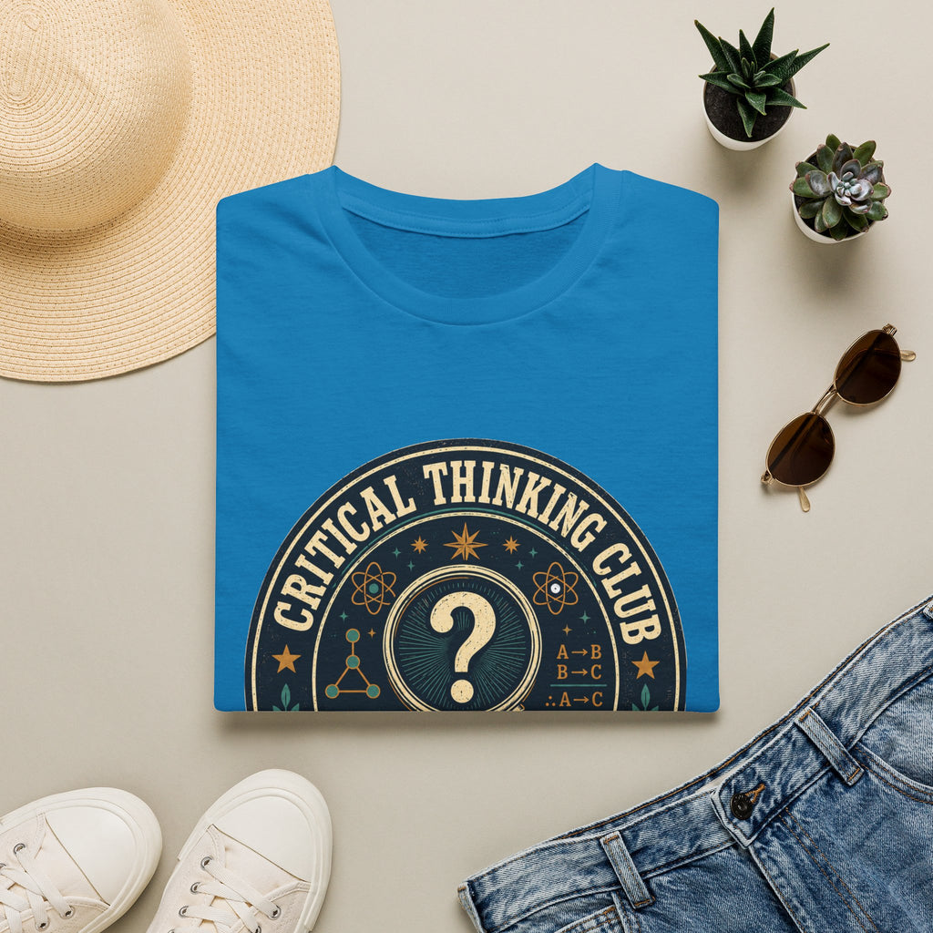 Critical Thinking Club T-Shirt – Vintage Magnifying Glass Design (Since The First Question)