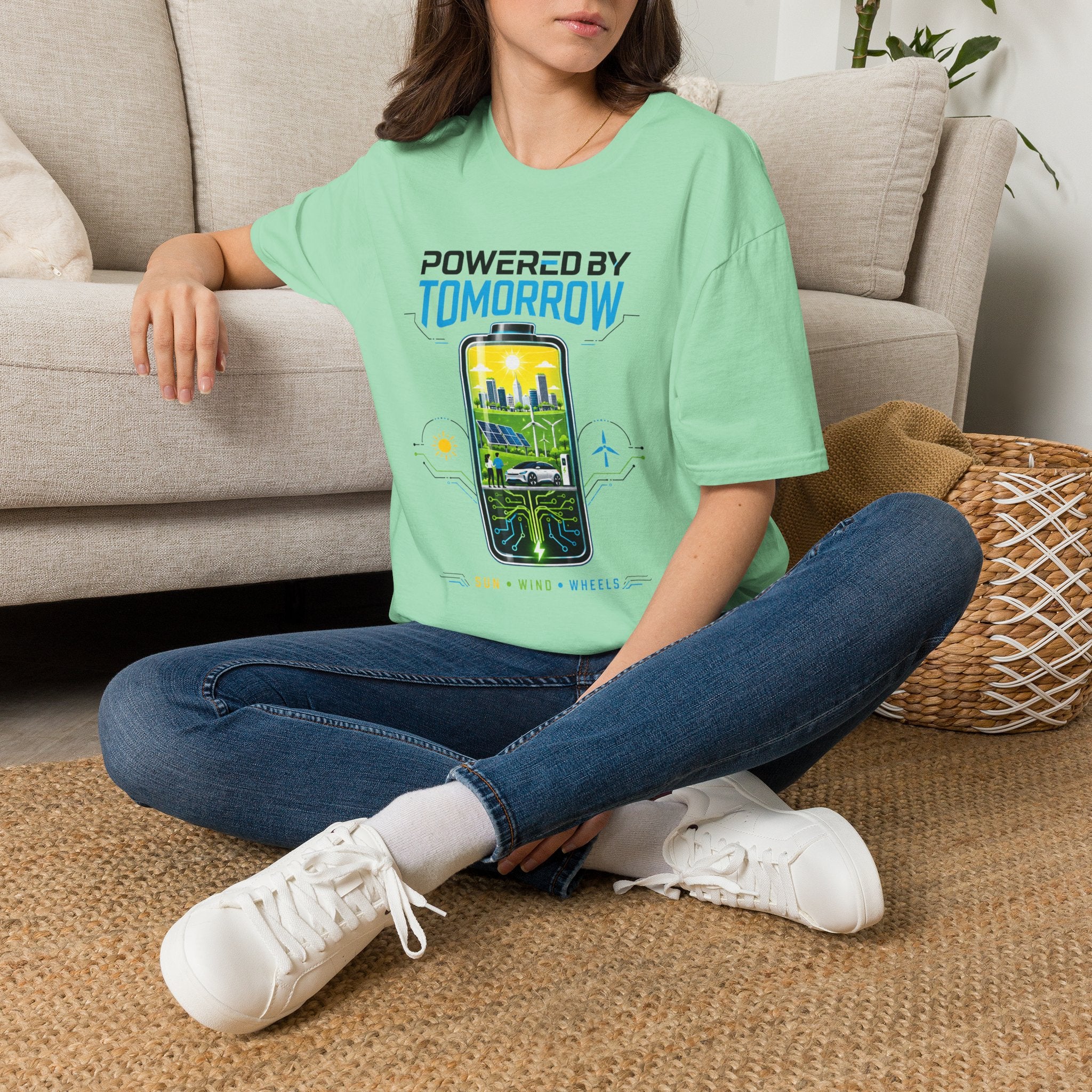 Powered By Tomorrow T‑Shirt — Eco Future Renewable Energy Graphic Tee