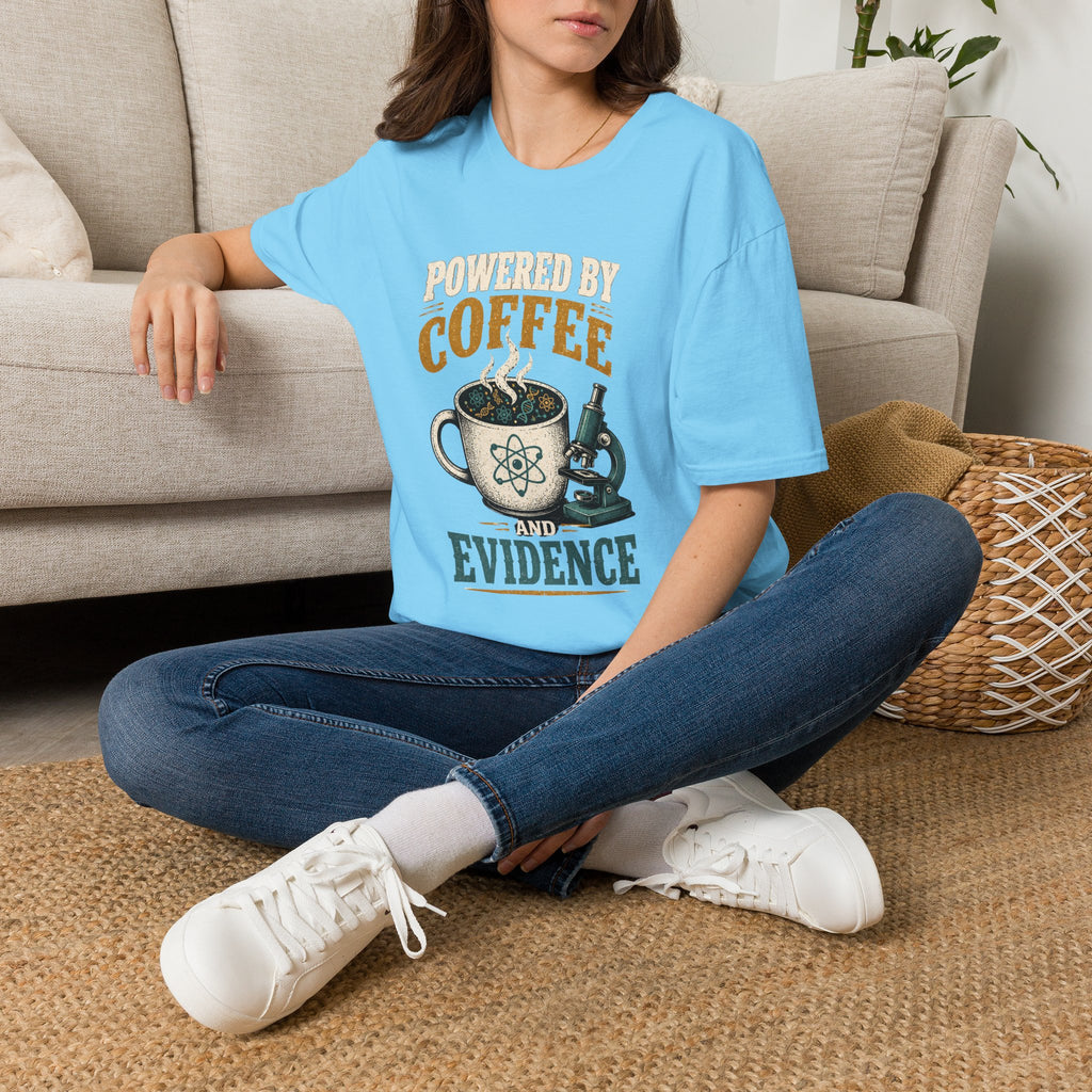Coffee T-Shirt — "Powered by Coffee & Evidence" Retro Science Mug Design