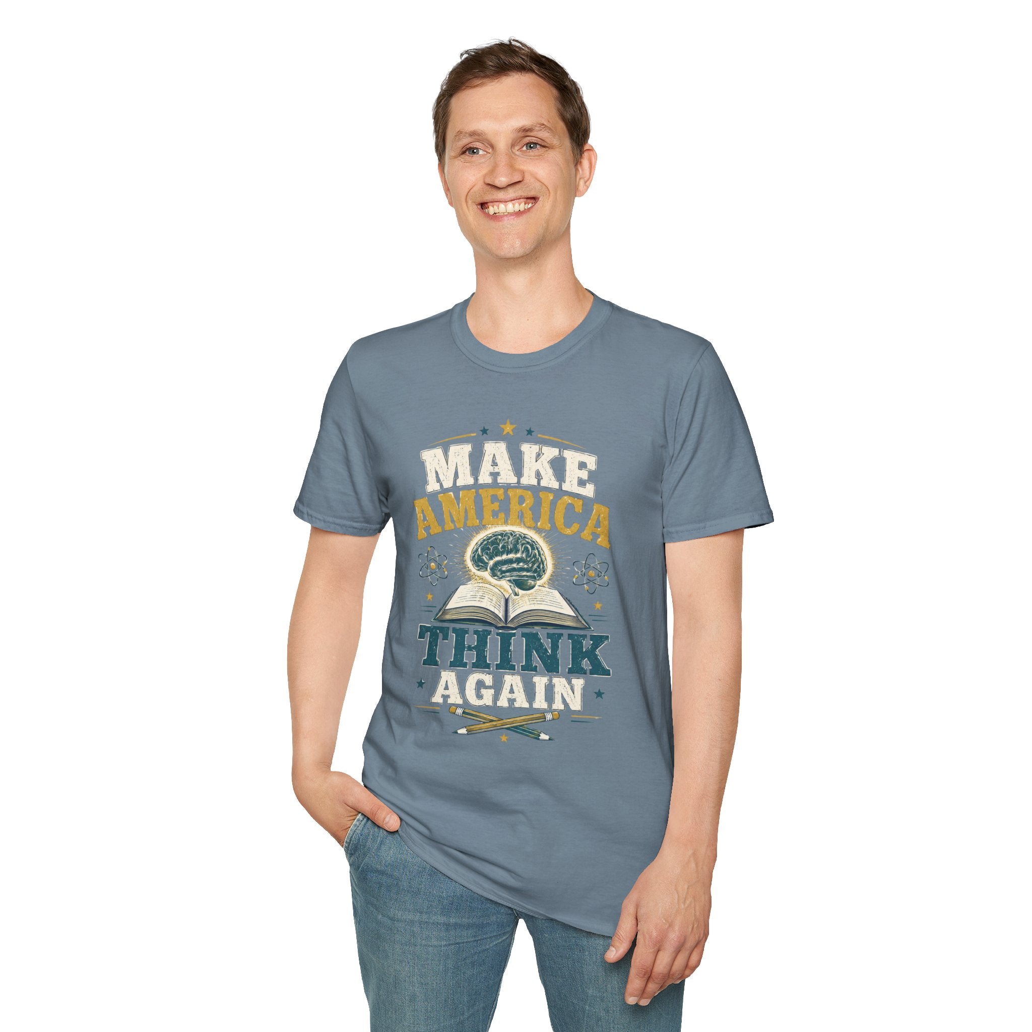 Make America Think Again T-Shirt — Retro Brain Graphic Tee