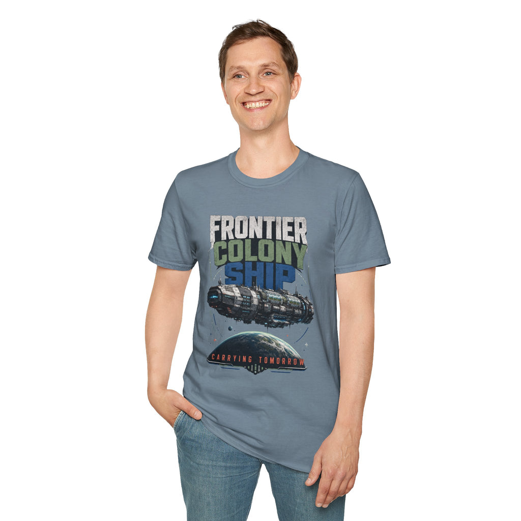 Frontier Colony Ship T-Shirt — Retro Sci‑Fi Space Colony Tee