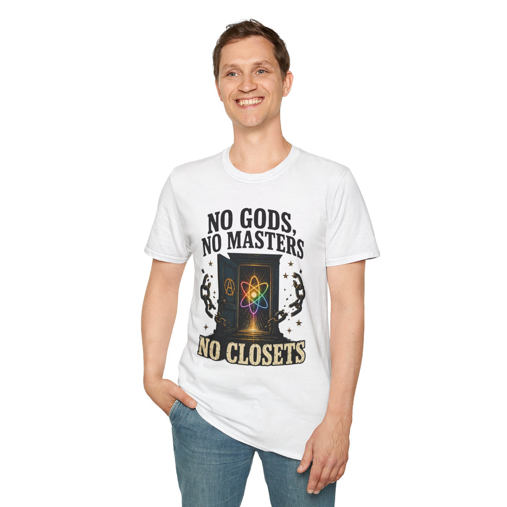 "No Gods, No Masters, No Closets" Atheist & LGBTQ+ Pride Graphic Tee