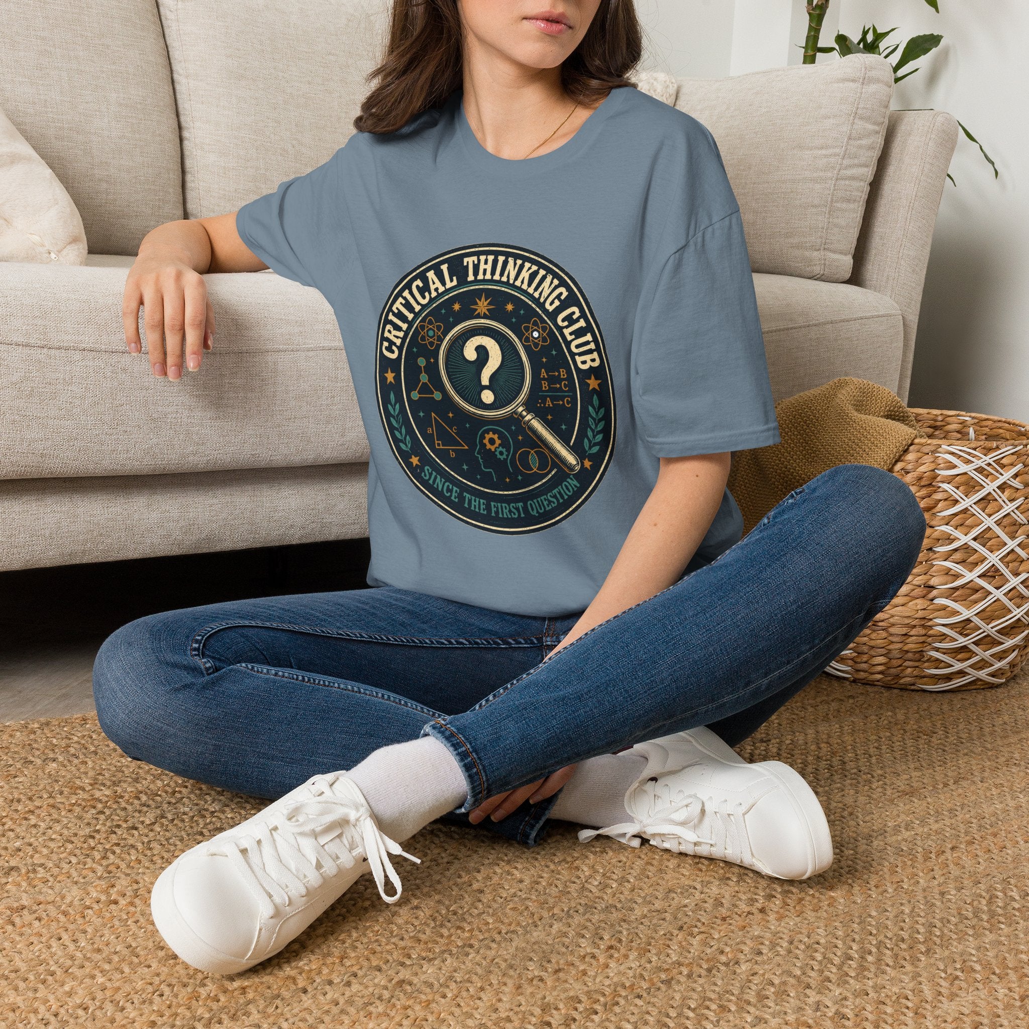 Critical Thinking Club T-Shirt – Vintage Magnifying Glass Design (Since The First Question)