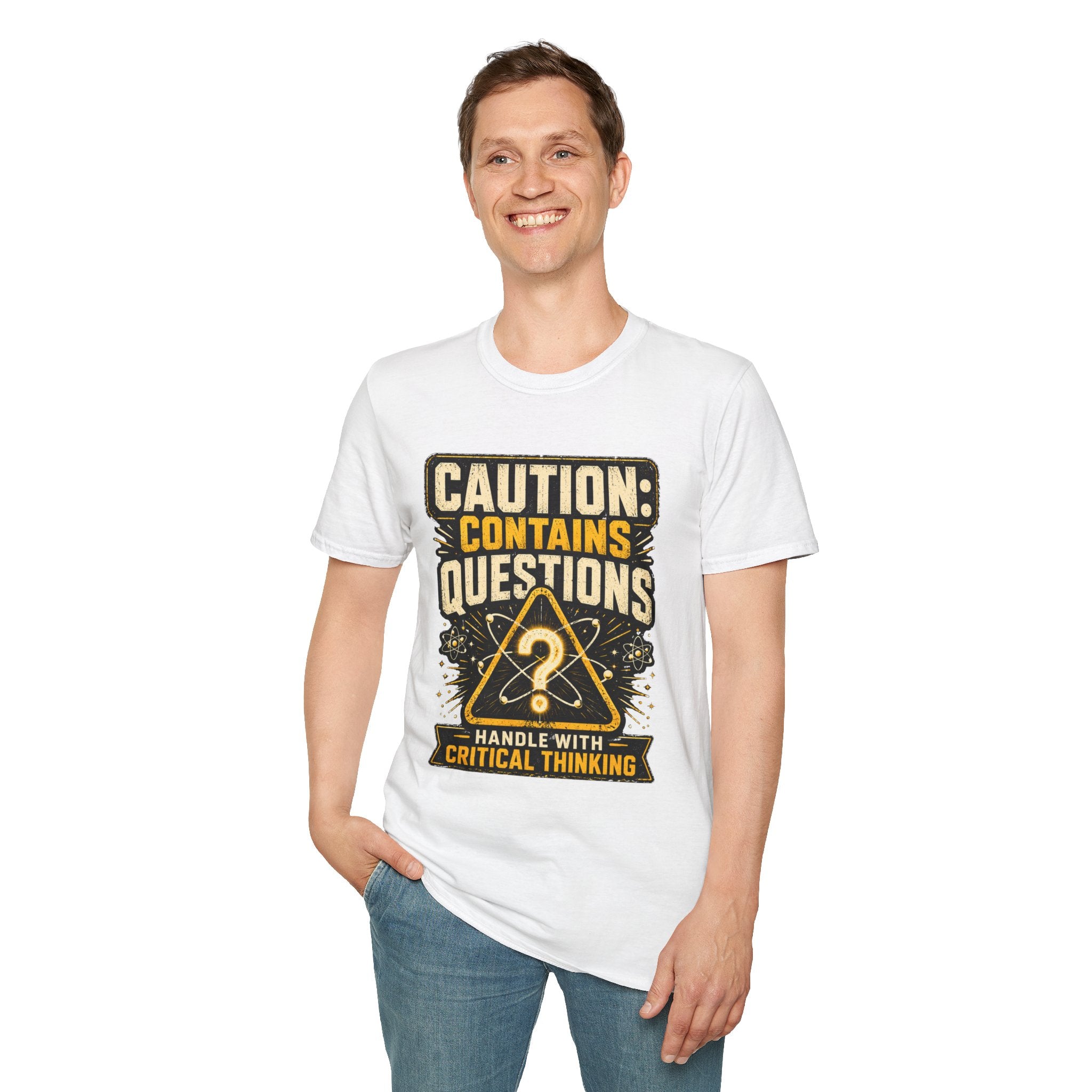 Caution: Contains Questions T-Shirt — Handle With Critical Thinking Graphic Tee