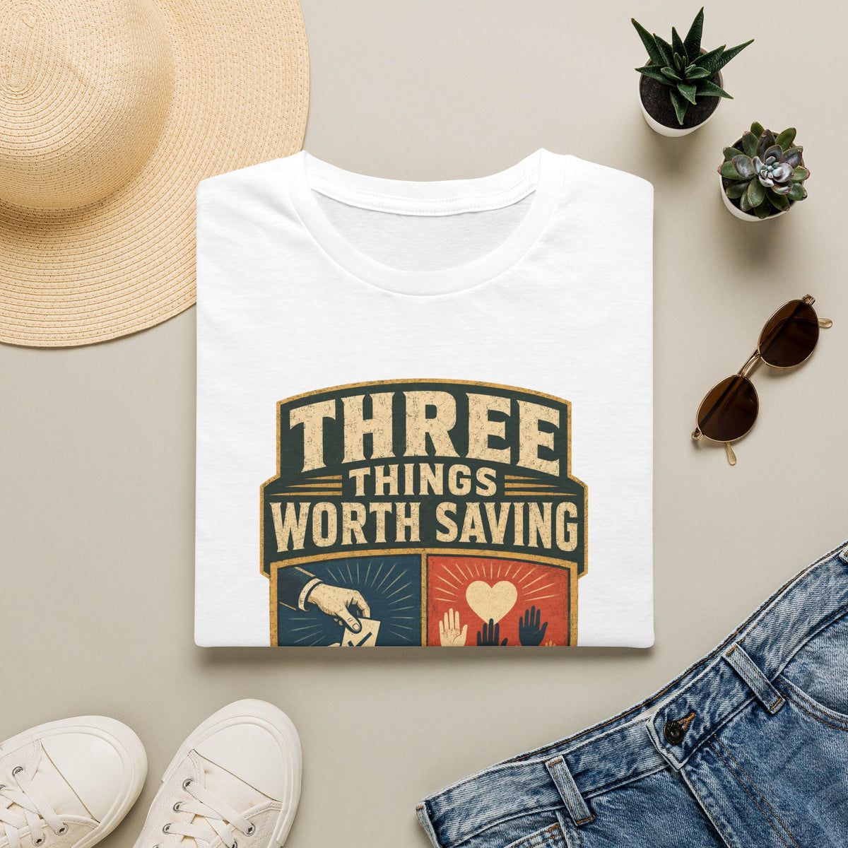 Three Things Worth Saving T‑Shirt — Vintage Rescue, Family & Values Graphic Tee