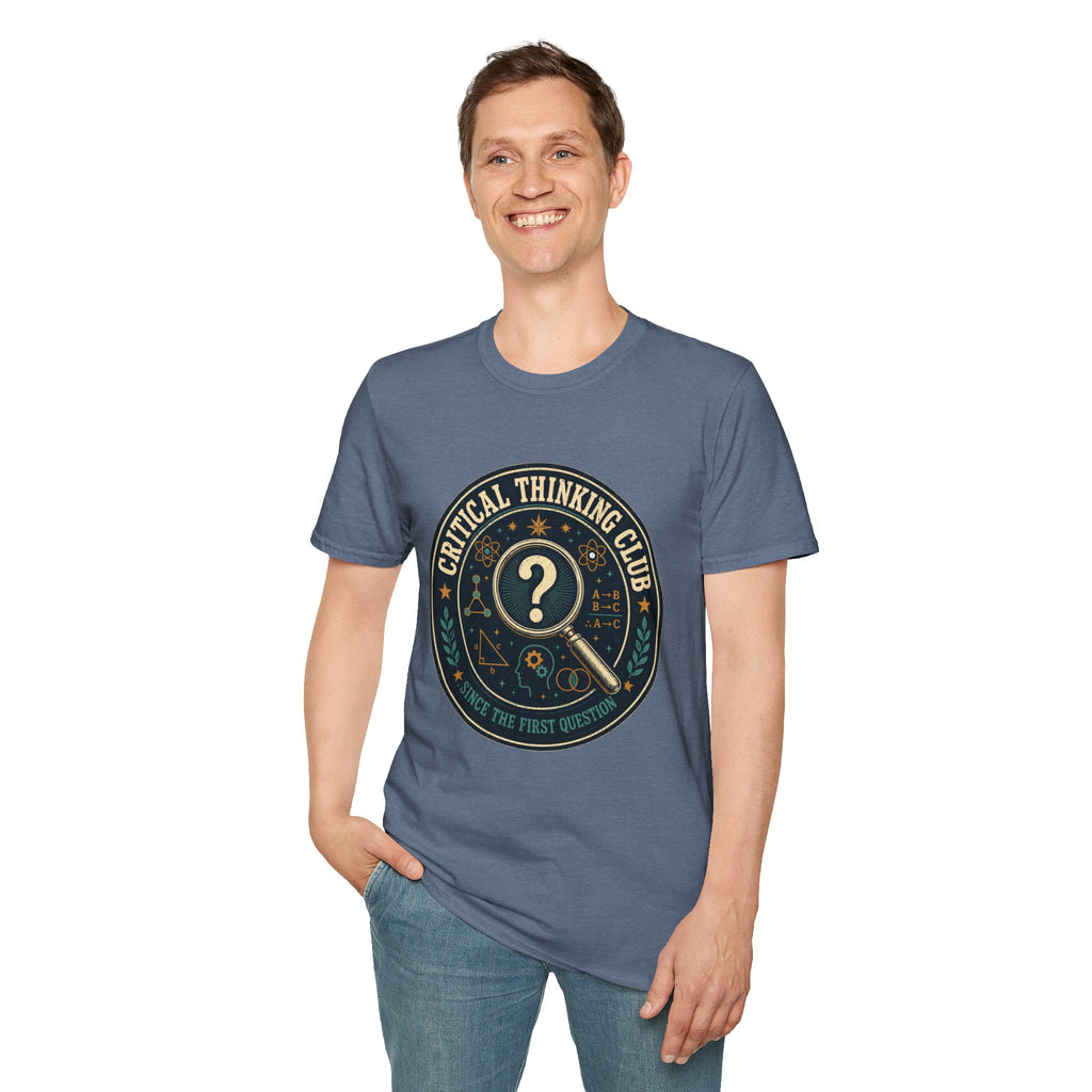 Critical Thinking Club T-Shirt – Vintage Magnifying Glass Design (Since The First Question)