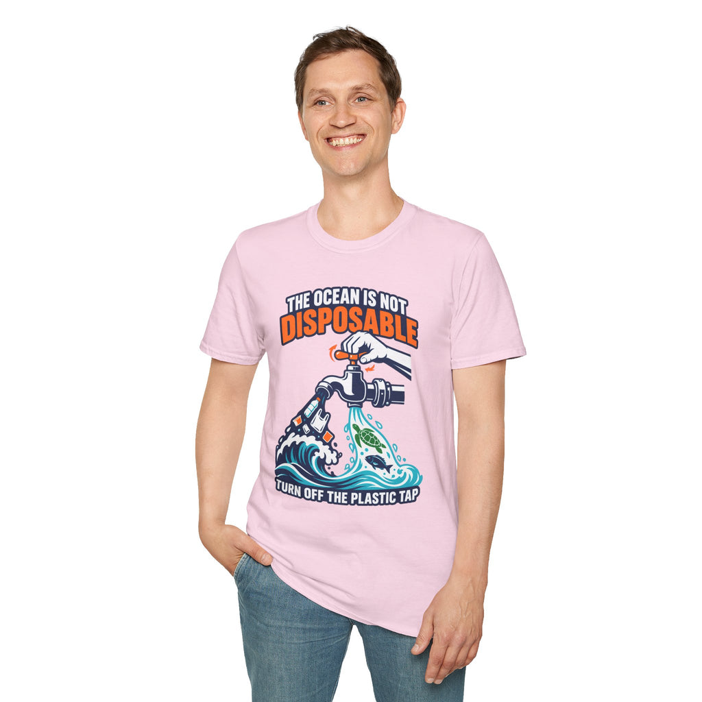 Ocean Conservation T-Shirt — "The Ocean Is Not Disposable" Plastic Tap Graphic