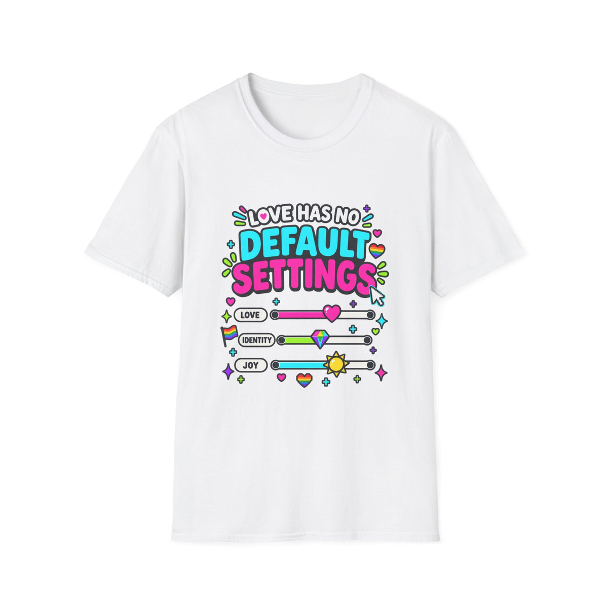 "Love Has No Default Settings" Bright LGBTQ+ Pride Graphic Tee