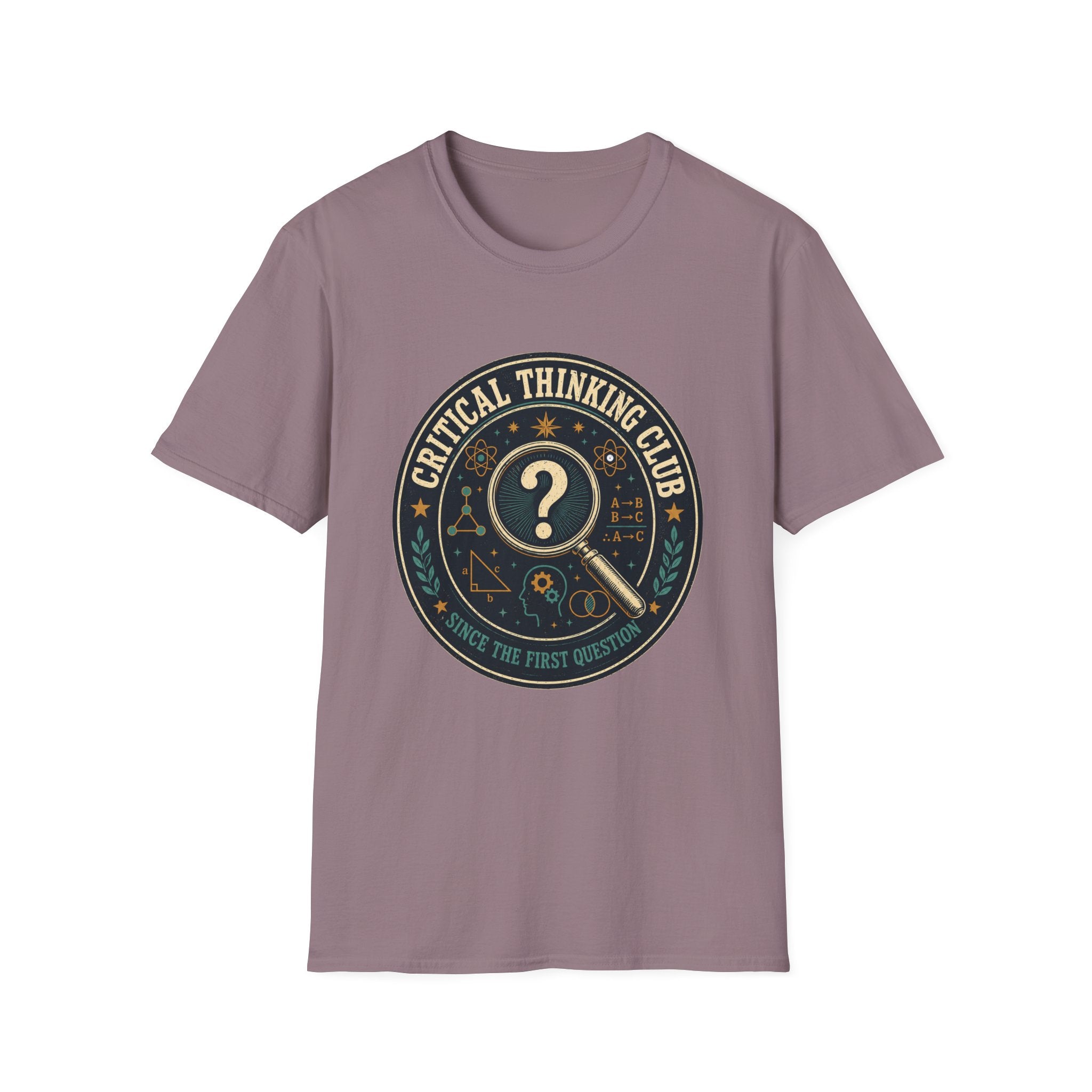 Critical Thinking Club T-Shirt – Vintage Magnifying Glass Design (Since The First Question)