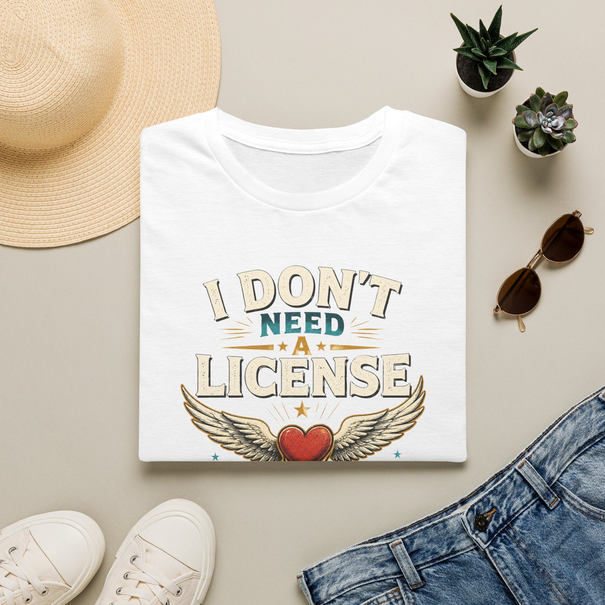 "I Don't Need a License to Love" Vintage Heart & Wings Design