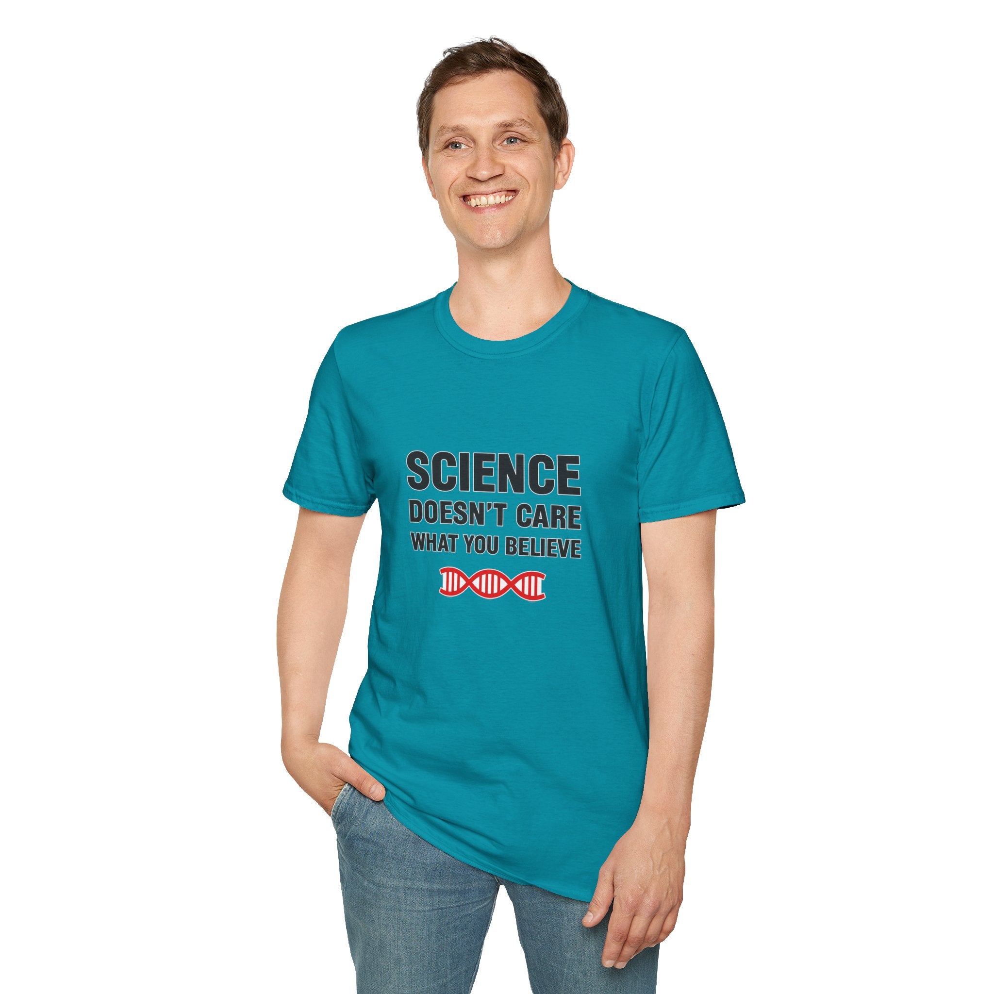 Science Doesn't Care What You Believe T-Shirt — Funny DNA Graphic Tee for Scientists & Skeptics