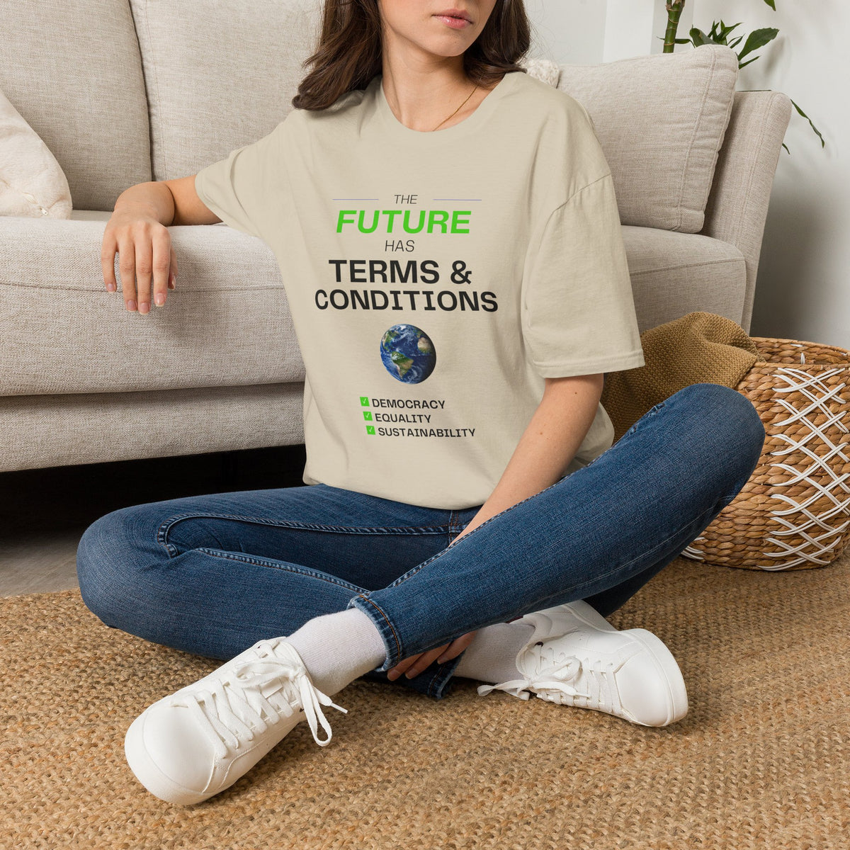 The Future Has Terms & Conditions T‑Shirt — Equality, Sustainability, Democracy Tee