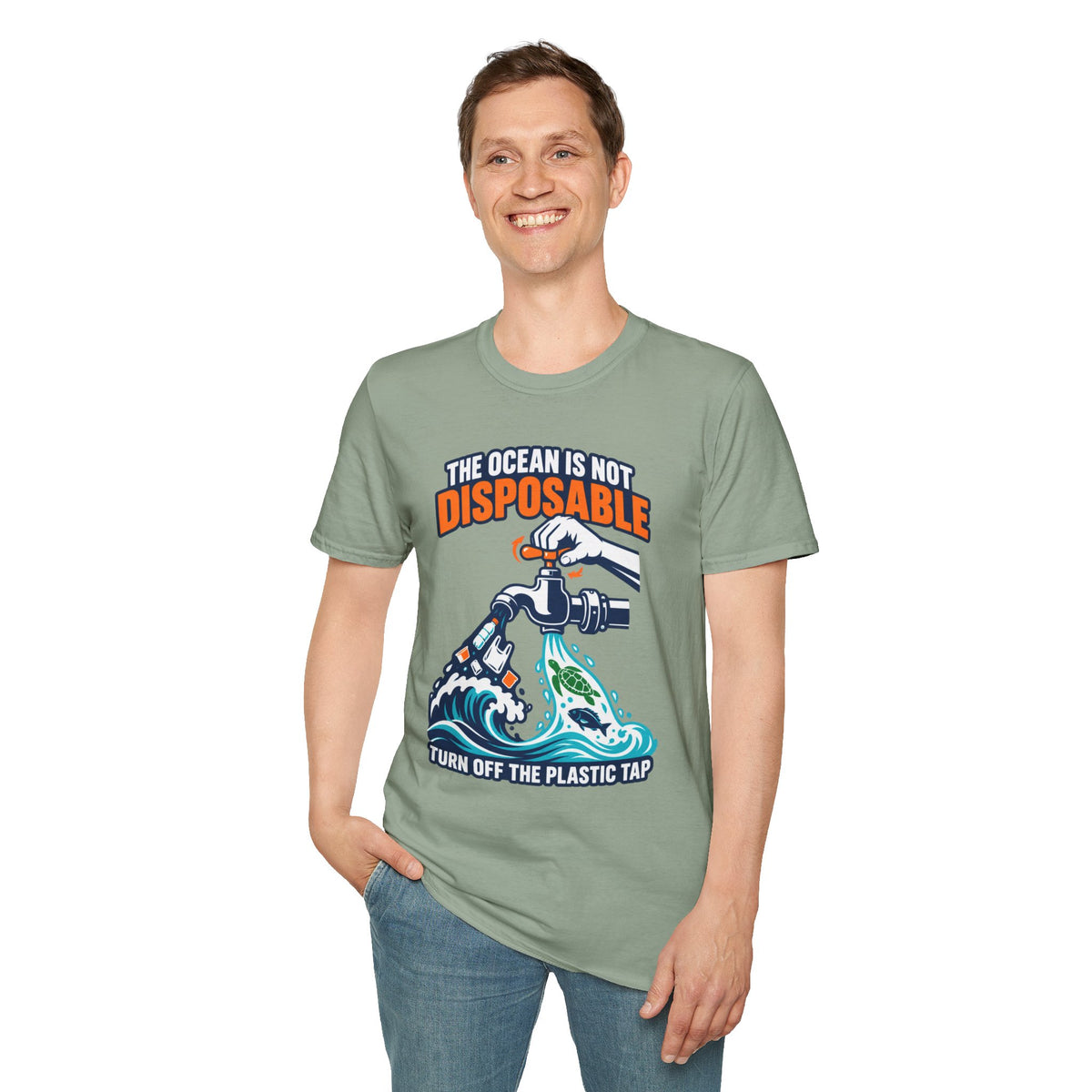 Ocean Conservation T-Shirt — "The Ocean Is Not Disposable" Plastic Tap Graphic