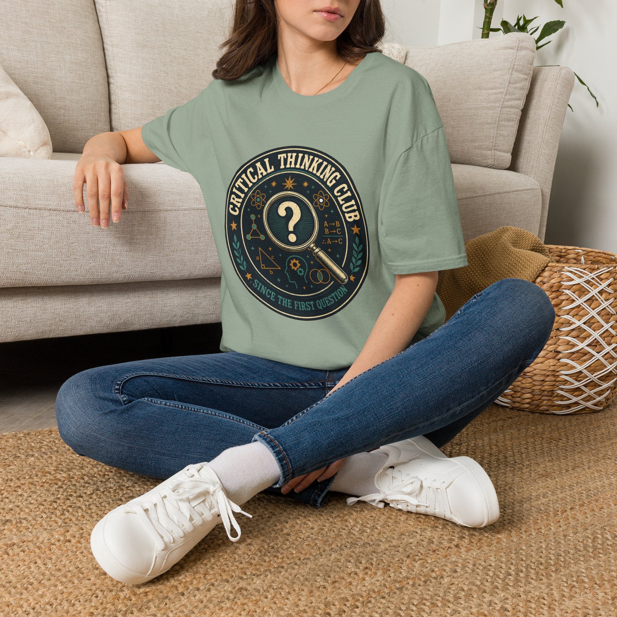 Critical Thinking Club T-Shirt – Vintage Magnifying Glass Design (Since The First Question)