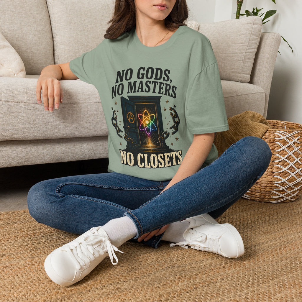 "No Gods, No Masters, No Closets" Atheist & LGBTQ+ Pride Graphic Tee