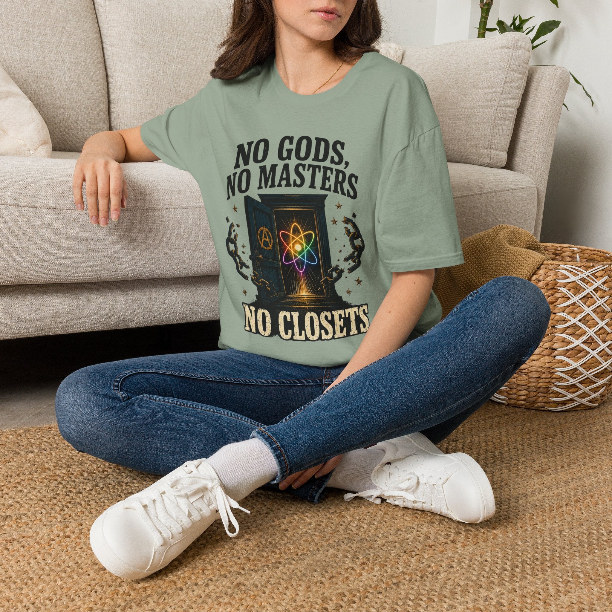 "No Gods, No Masters, No Closets" Atheist & LGBTQ+ Pride Graphic Tee