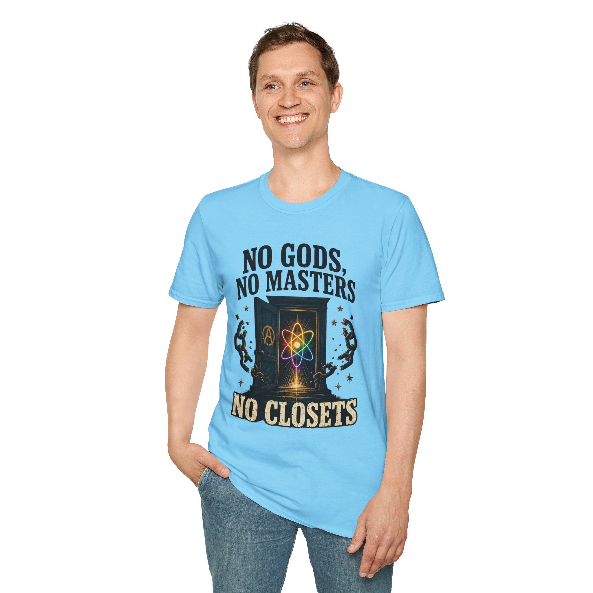 "No Gods, No Masters, No Closets" Atheist & LGBTQ+ Pride Graphic Tee