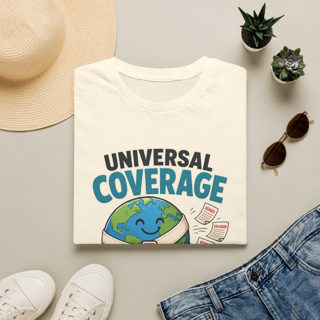 Universal Coverage T-Shirt — Funny Healthcare Earth Graphic (“Not Universal Anxiety”)