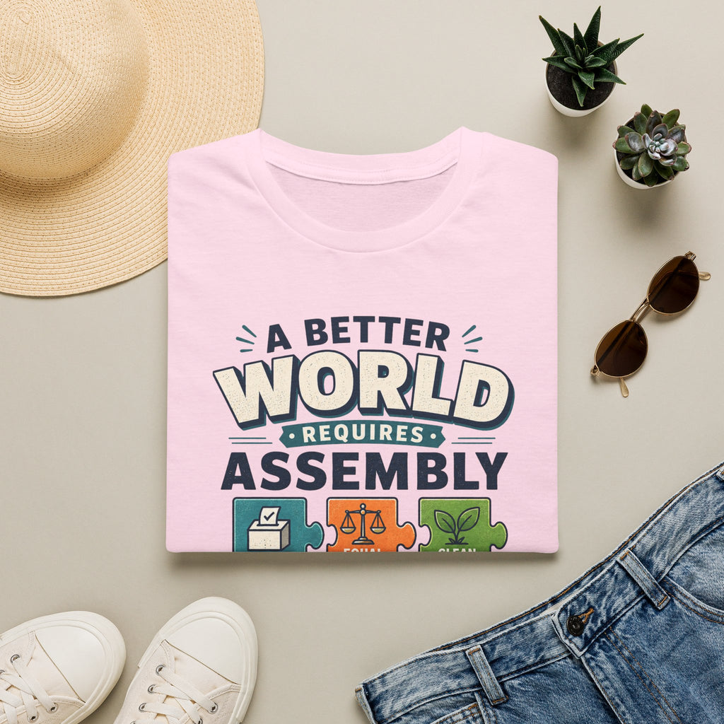 A Better World Requires Assembly T-Shirt — Sustainability, Voting & Community Graphic Tee