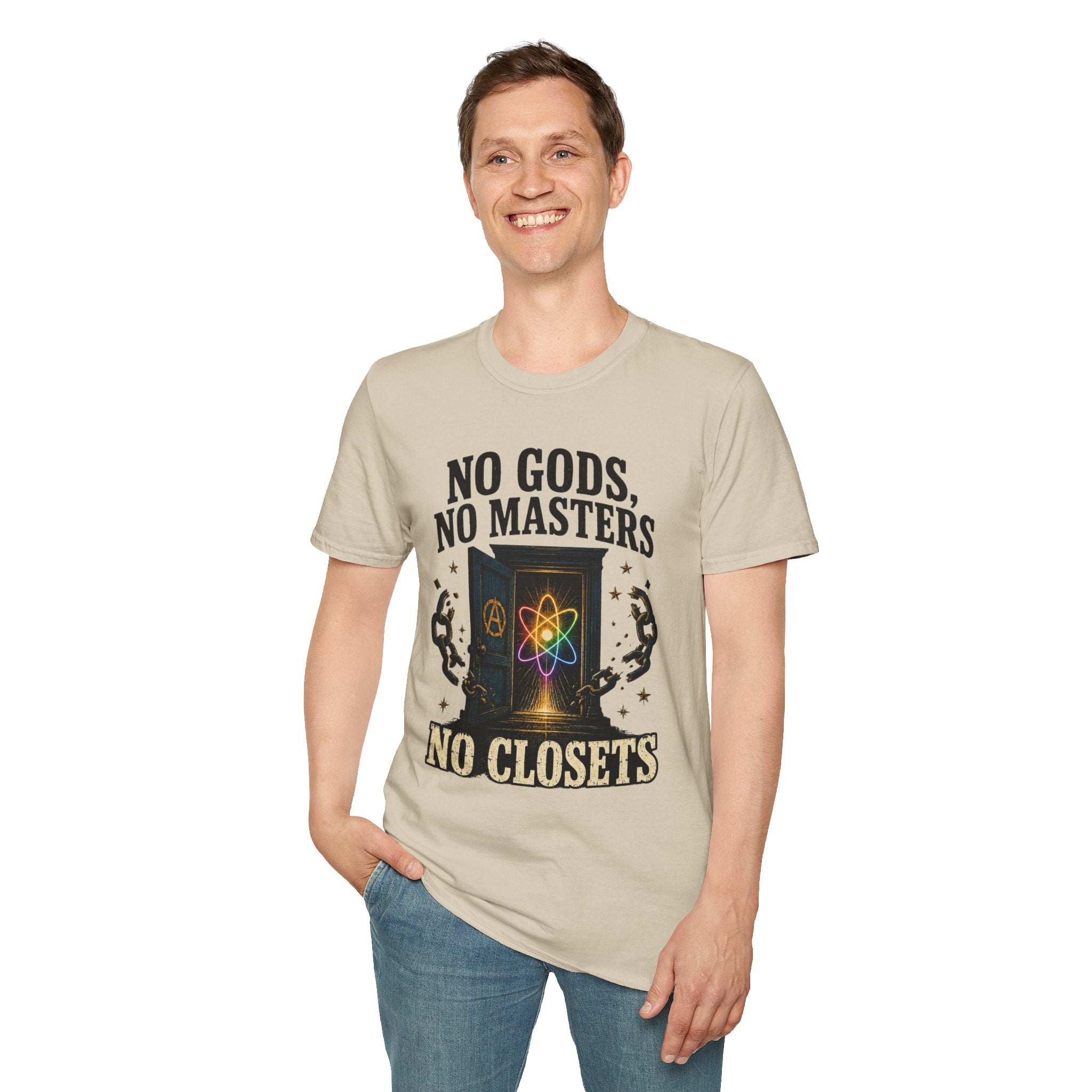 "No Gods, No Masters, No Closets" Atheist & LGBTQ+ Pride Graphic Tee