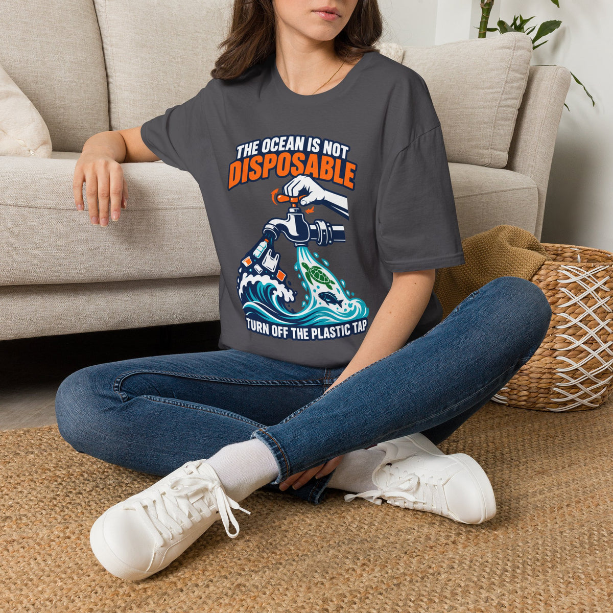 Ocean Conservation T-Shirt — "The Ocean Is Not Disposable" Plastic Tap Graphic