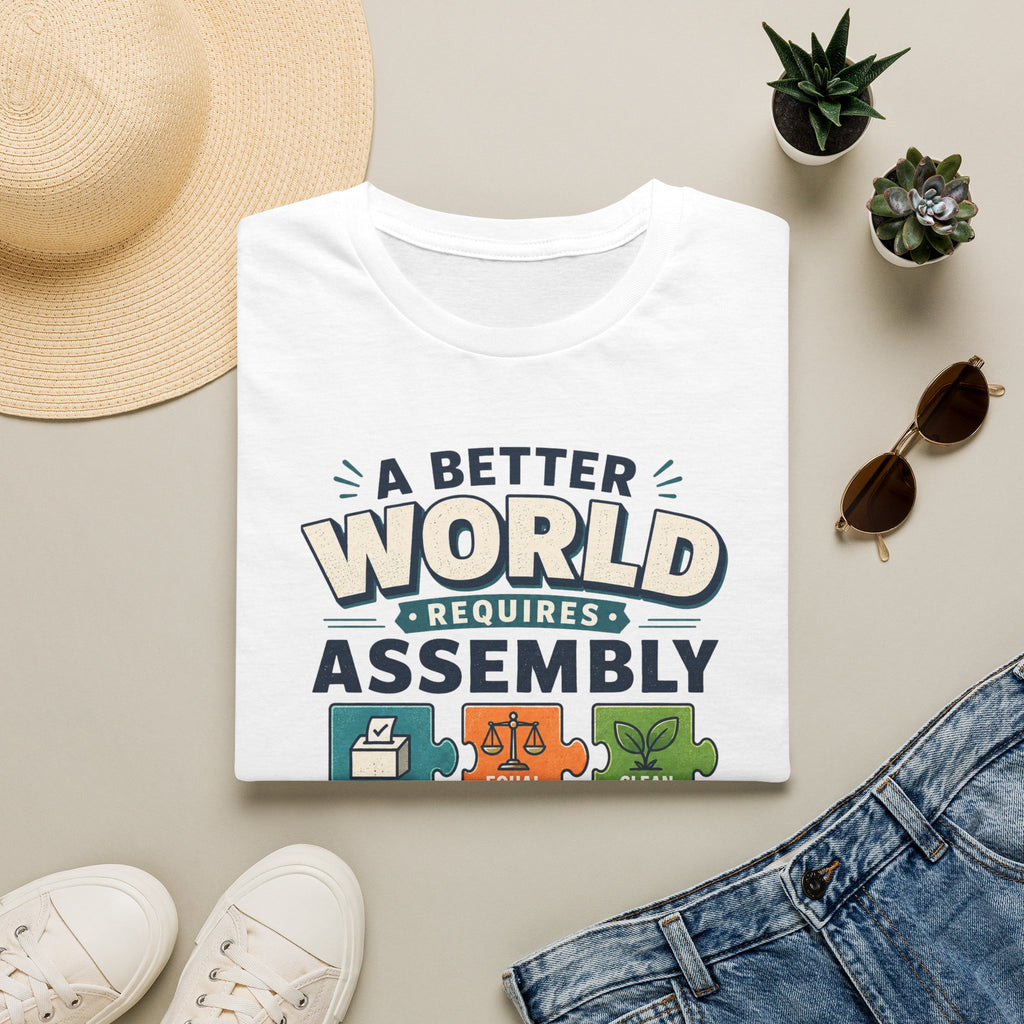 A Better World Requires Assembly T-Shirt — Sustainability, Voting & Community Graphic Tee