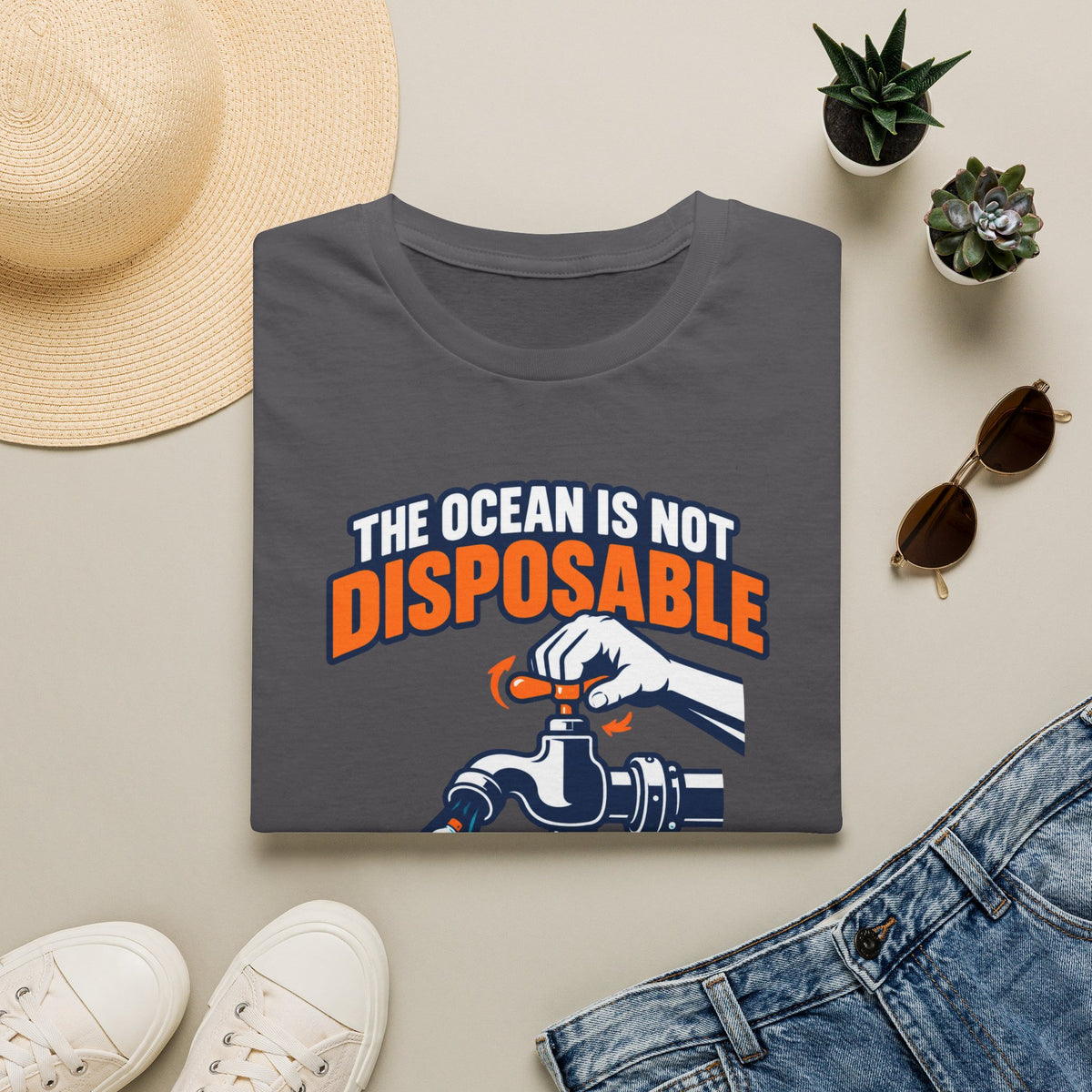 Ocean Conservation T-Shirt — "The Ocean Is Not Disposable" Plastic Tap Graphic