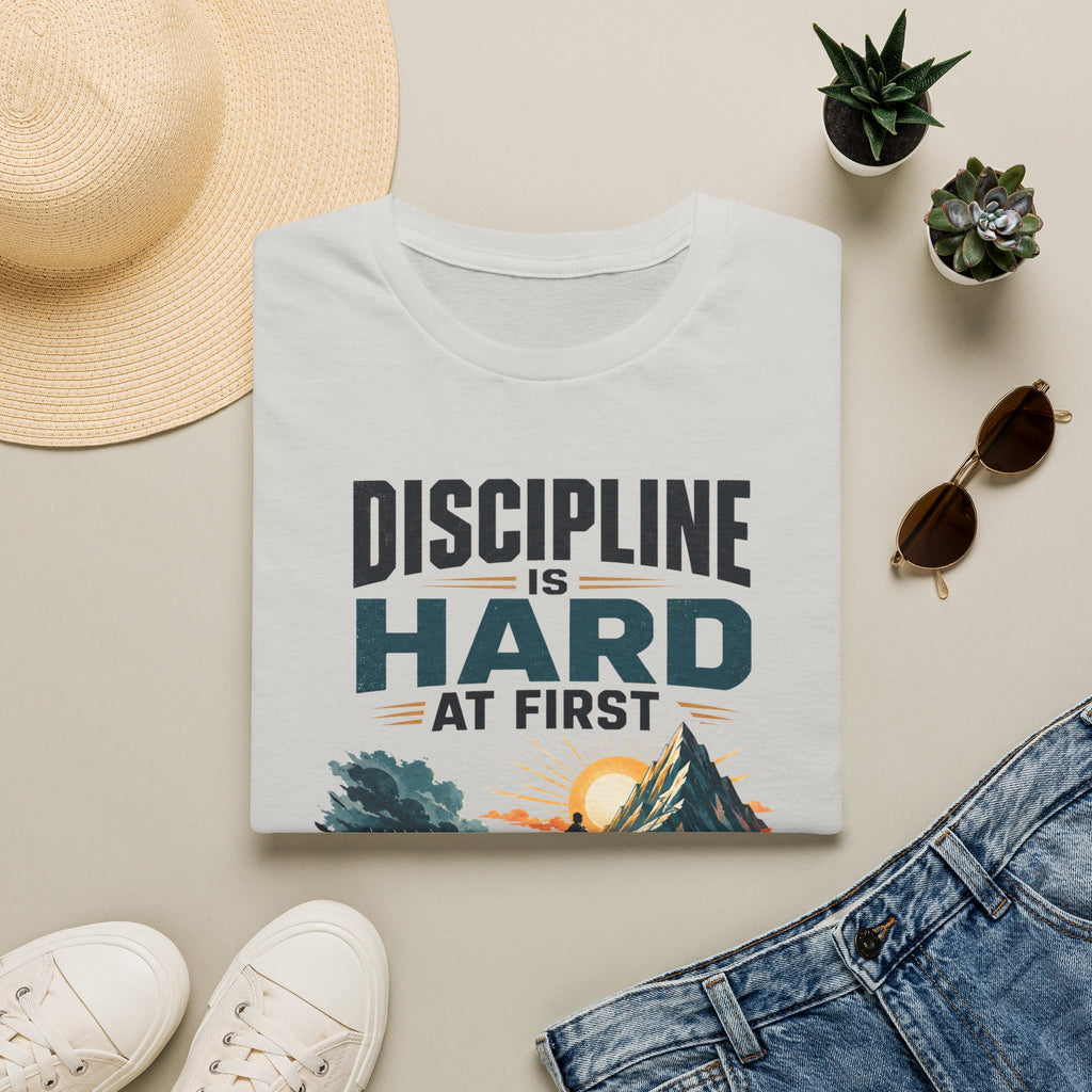 T-Shirt — "Discipline Is Hard at First" Motivational Graphic Tee