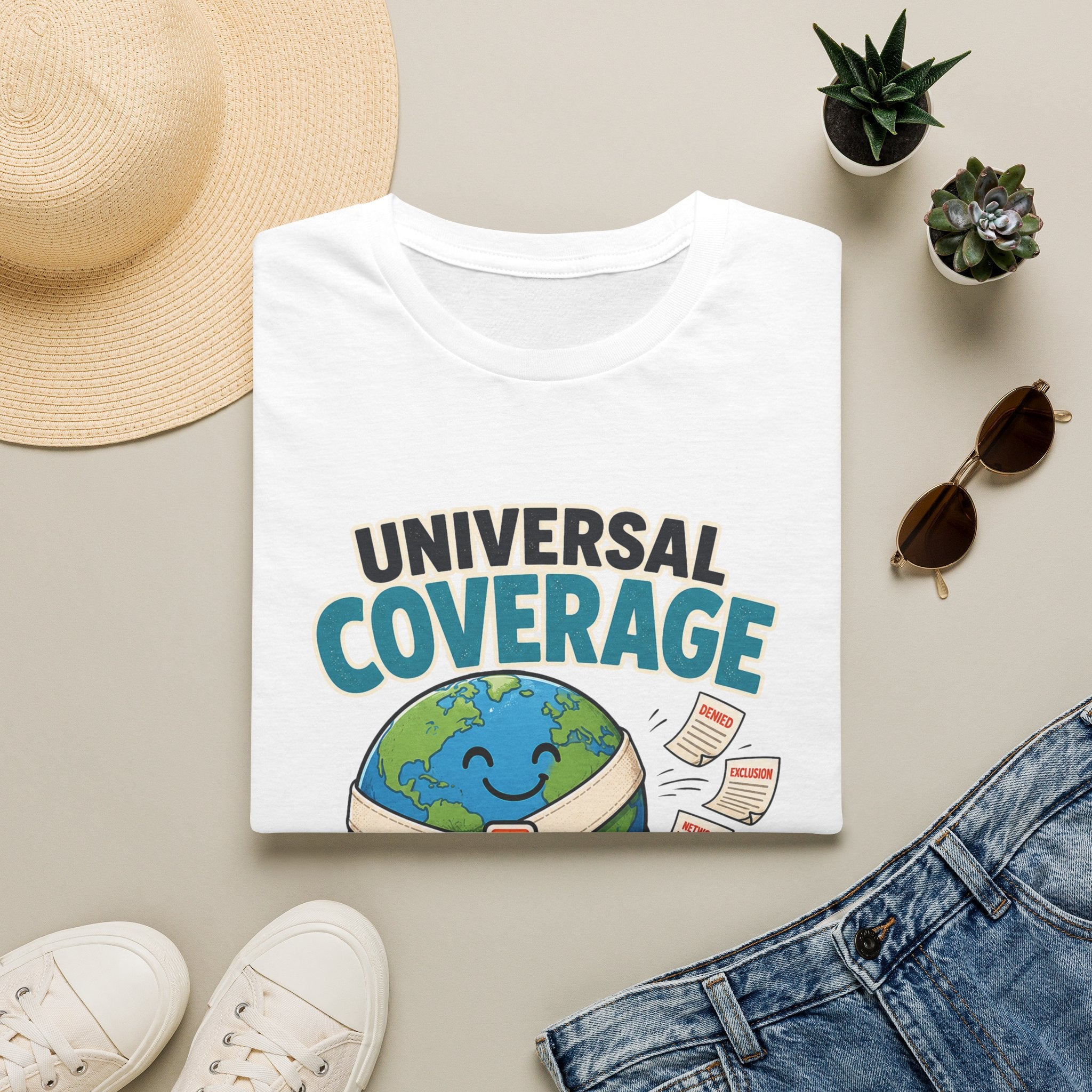 Universal Coverage T-Shirt — Funny Healthcare Earth Graphic (“Not Universal Anxiety”)