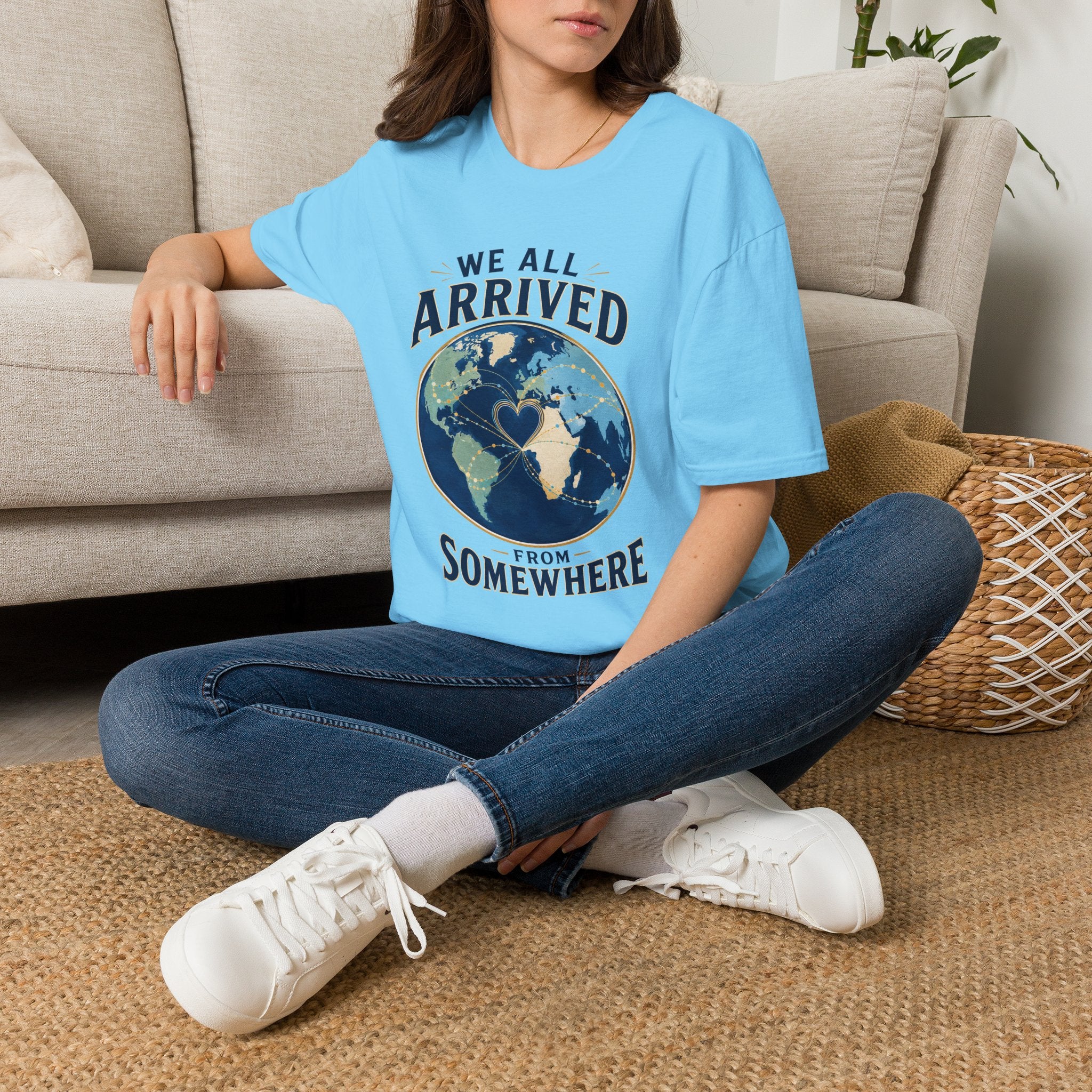 T-Shirt — "We All Arrived From Somewhere" Earth Graphic Tee (Travel & Unity)