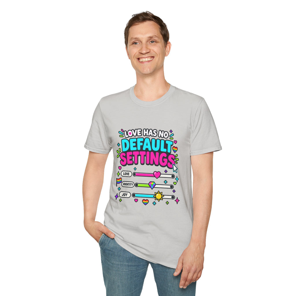 "Love Has No Default Settings" Bright LGBTQ+ Pride Graphic Tee