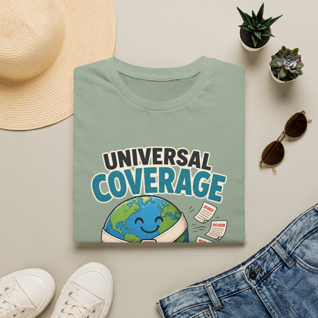 Universal Coverage T-Shirt — Funny Healthcare Earth Graphic (“Not Universal Anxiety”)