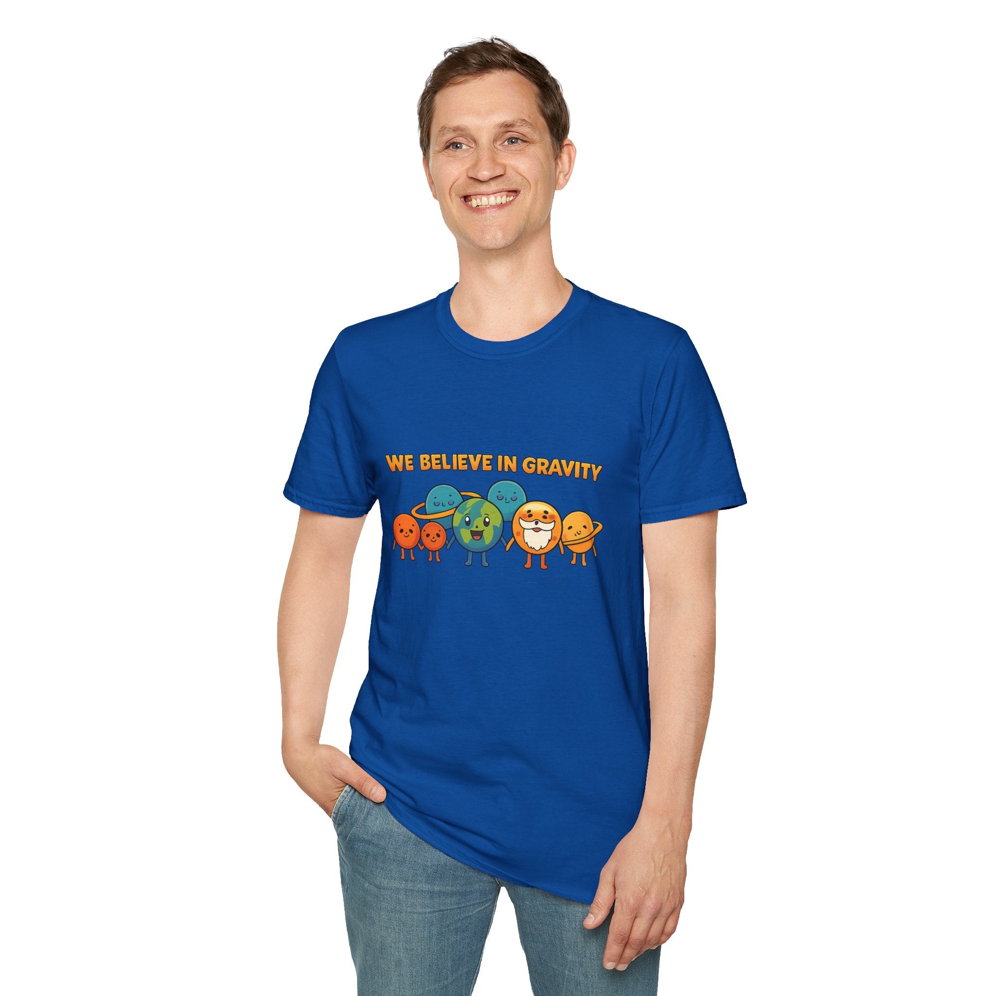 Cute Planetary Cartoon "We Believe in Gravity" Tee