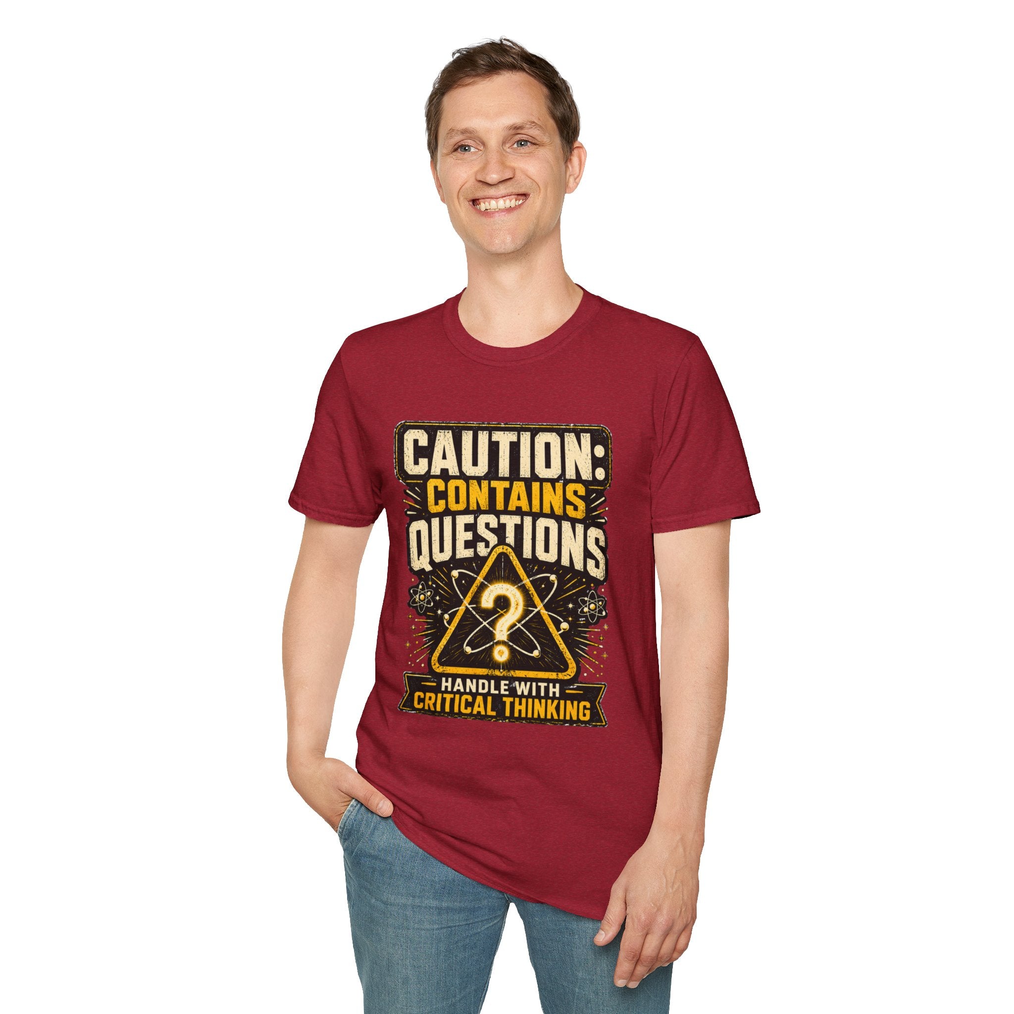 Caution: Contains Questions T-Shirt — Handle With Critical Thinking Graphic Tee