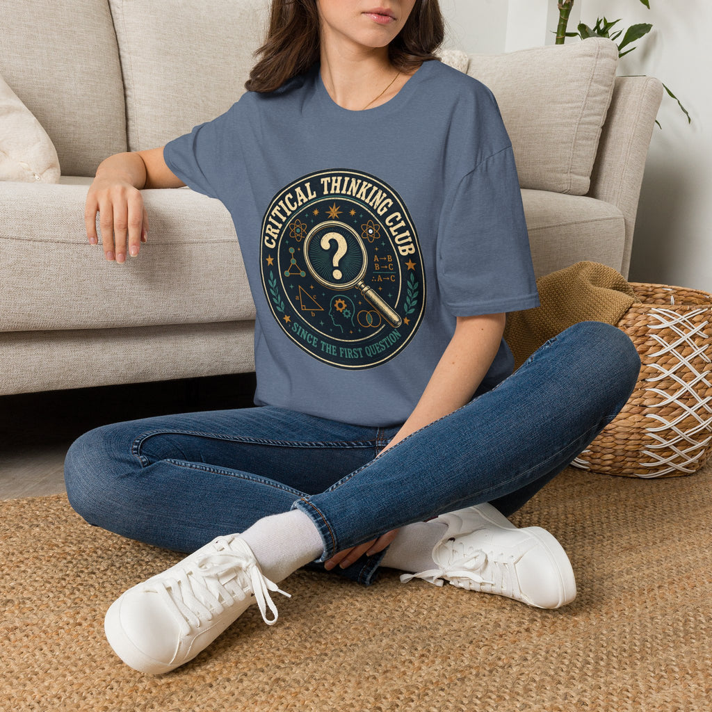 Critical Thinking Club T-Shirt – Vintage Magnifying Glass Design (Since The First Question)