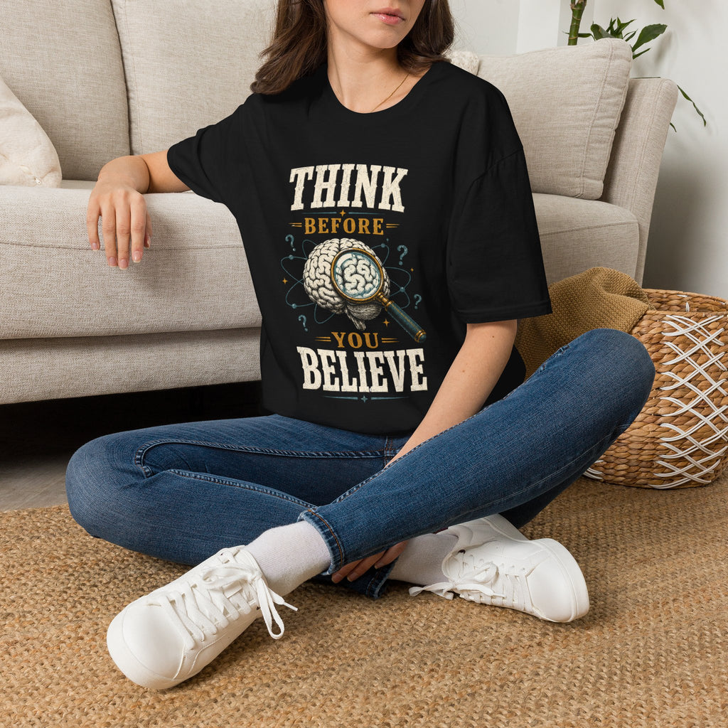 Think Before You Believe T-Shirt — Vintage Brain Graphic Tee