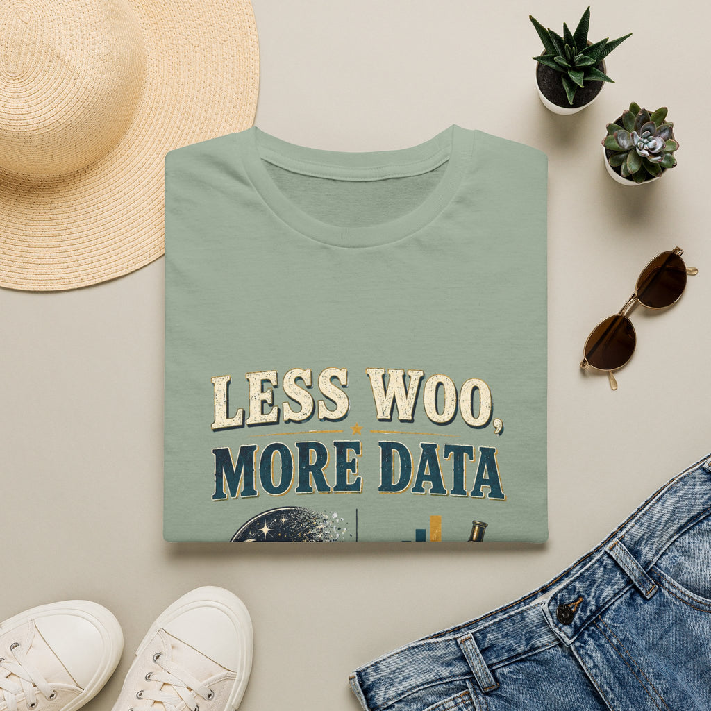 Less Woo, More Data Graphic T-Shirt — Science & Skepticism Tee