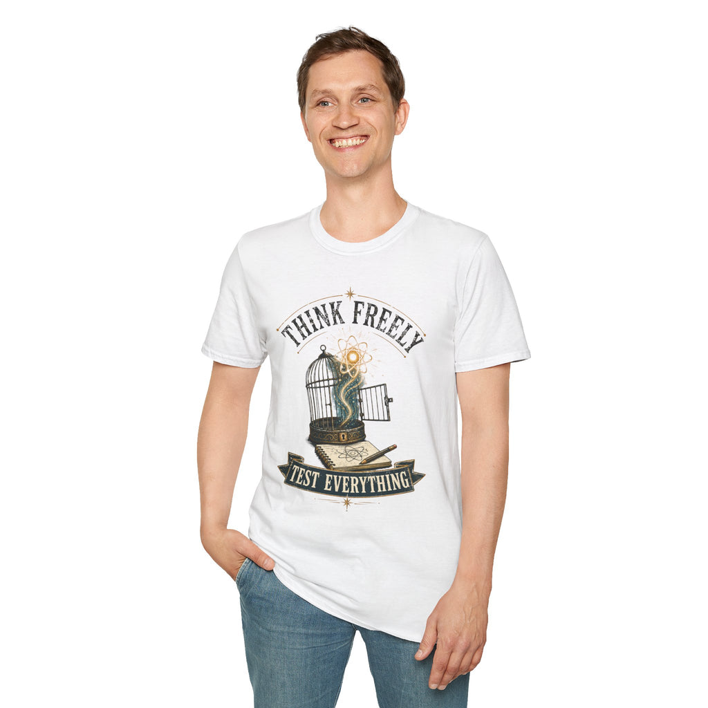 Think Freely T-Shirt — 'Test Everything' Inspirational Cage & Book Graphic Tee