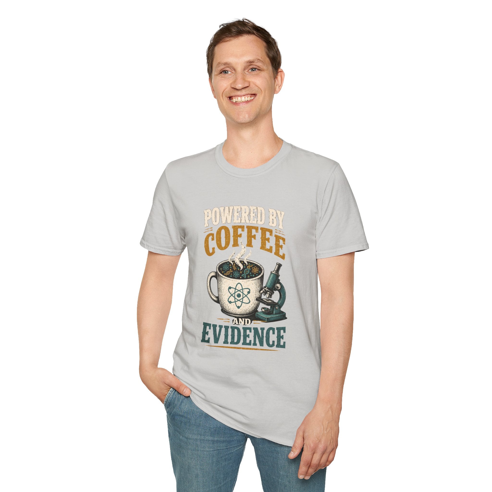 Coffee T-Shirt — "Powered by Coffee & Evidence" Retro Science Mug Design