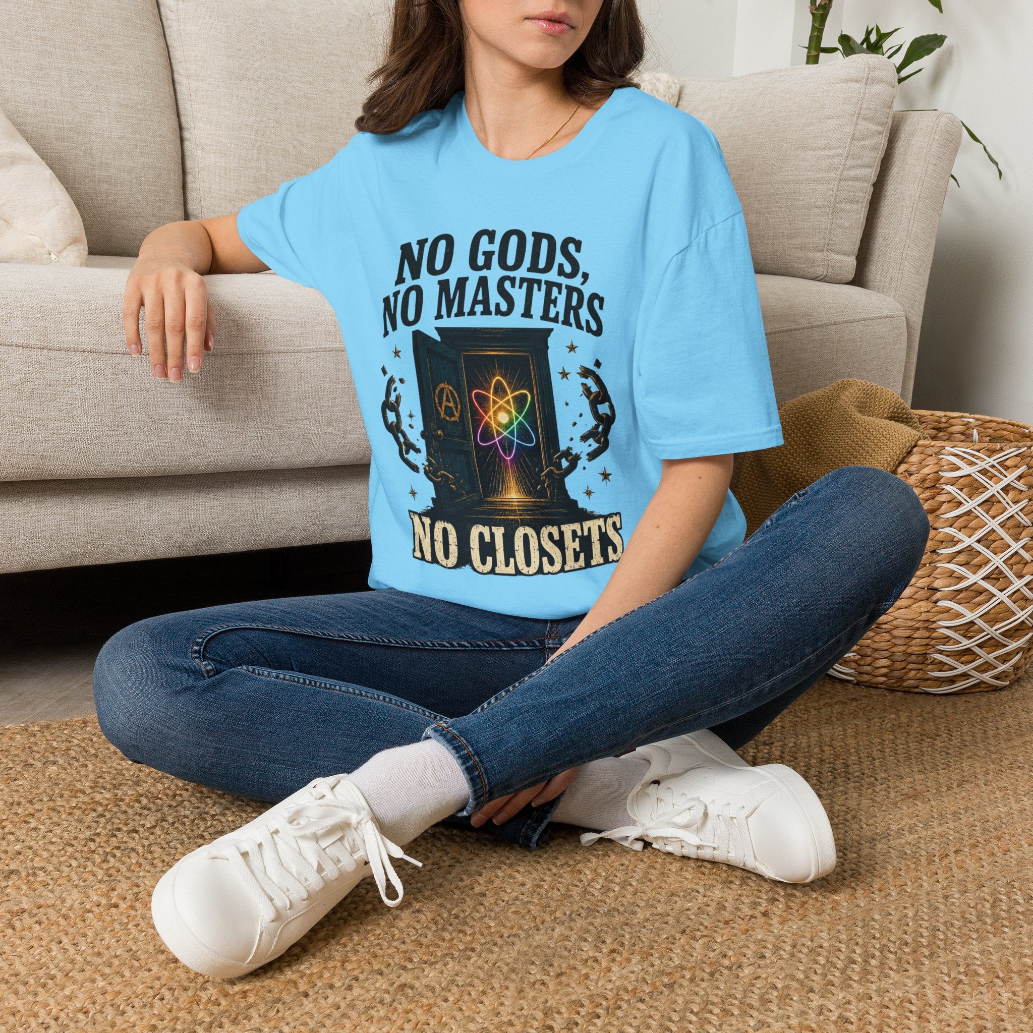 "No Gods, No Masters, No Closets" Atheist & LGBTQ+ Pride Graphic Tee