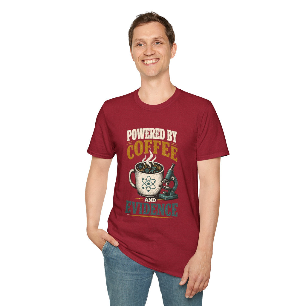 Coffee T-Shirt — "Powered by Coffee & Evidence" Retro Science Mug Design