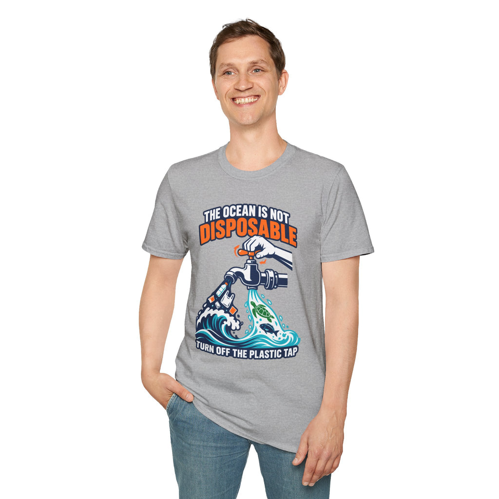 Ocean Conservation T-Shirt — "The Ocean Is Not Disposable" Plastic Tap Graphic