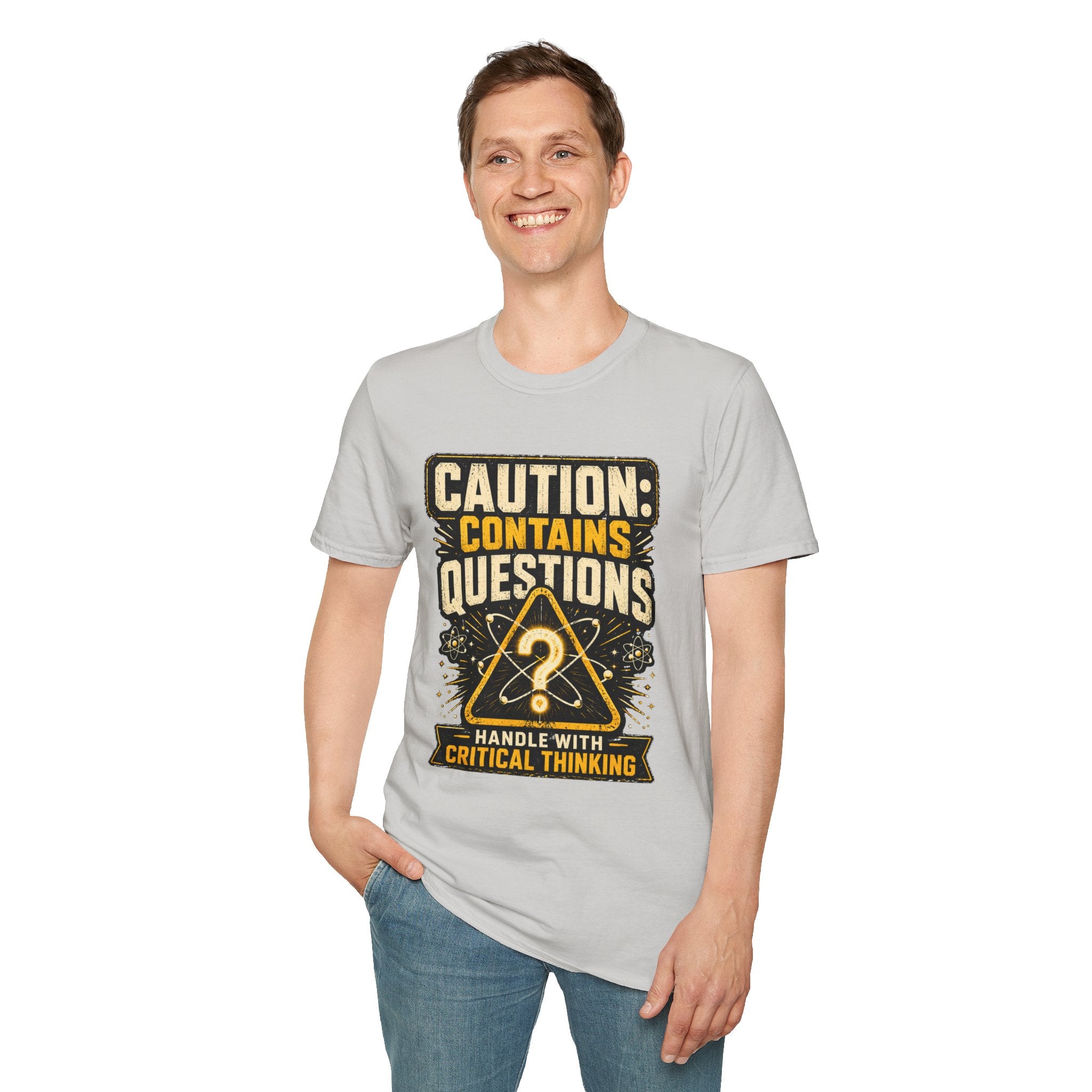 Caution: Contains Questions T-Shirt — Handle With Critical Thinking Graphic Tee