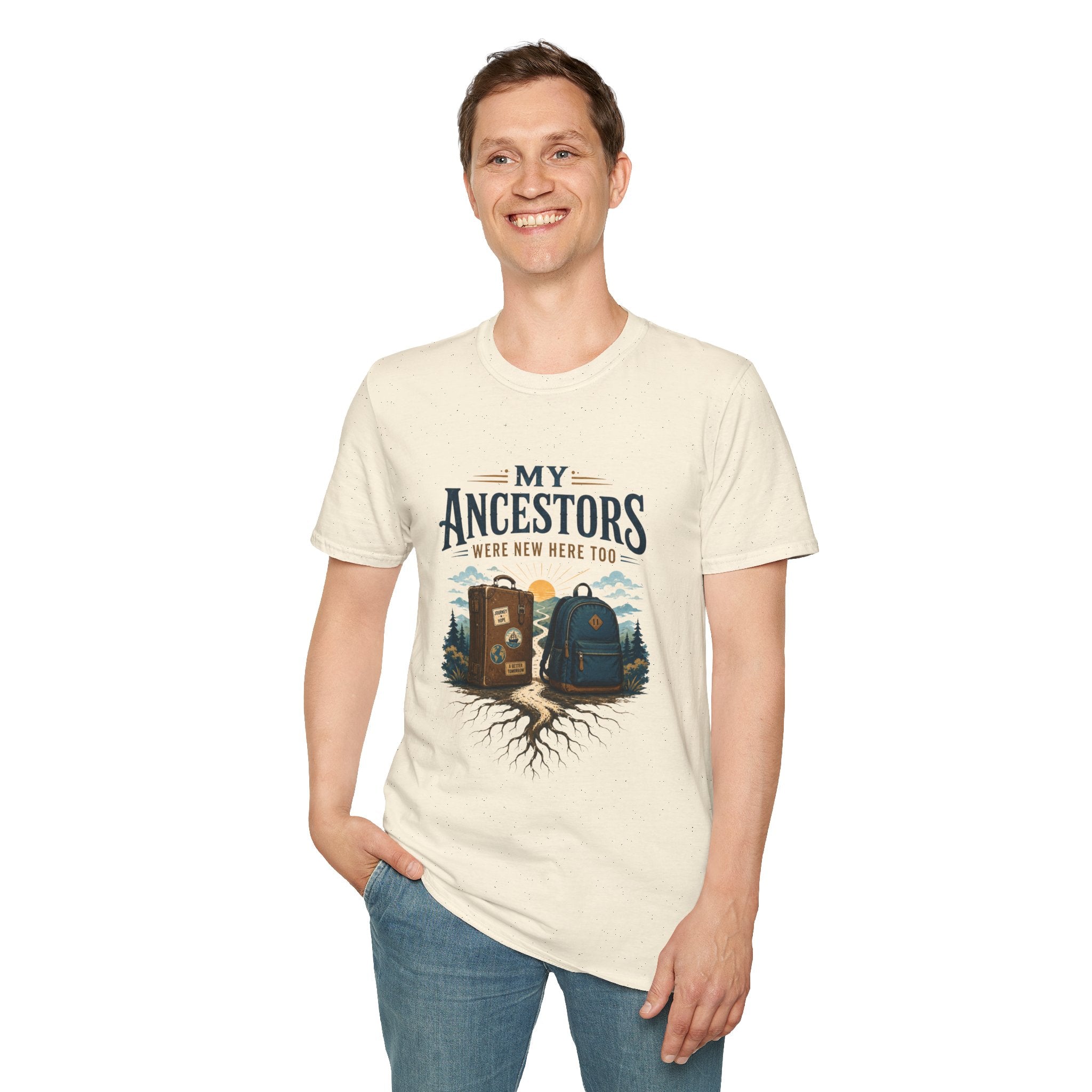 T-Shirt — "My Ancestors Were New Here Too" Vintage Travel Roots Tee